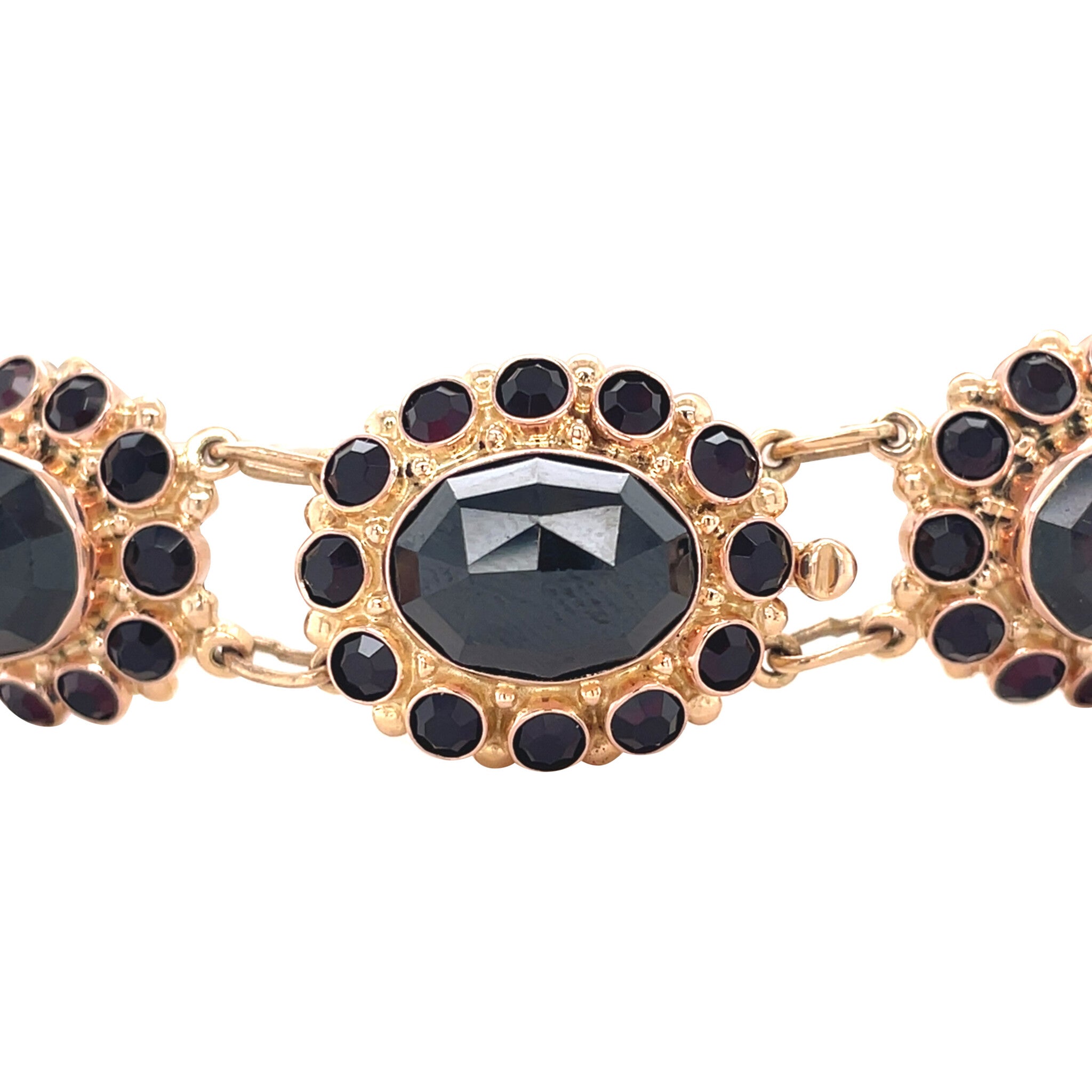 Gouden vintage entourage bootjes armband met granaat 14 krt