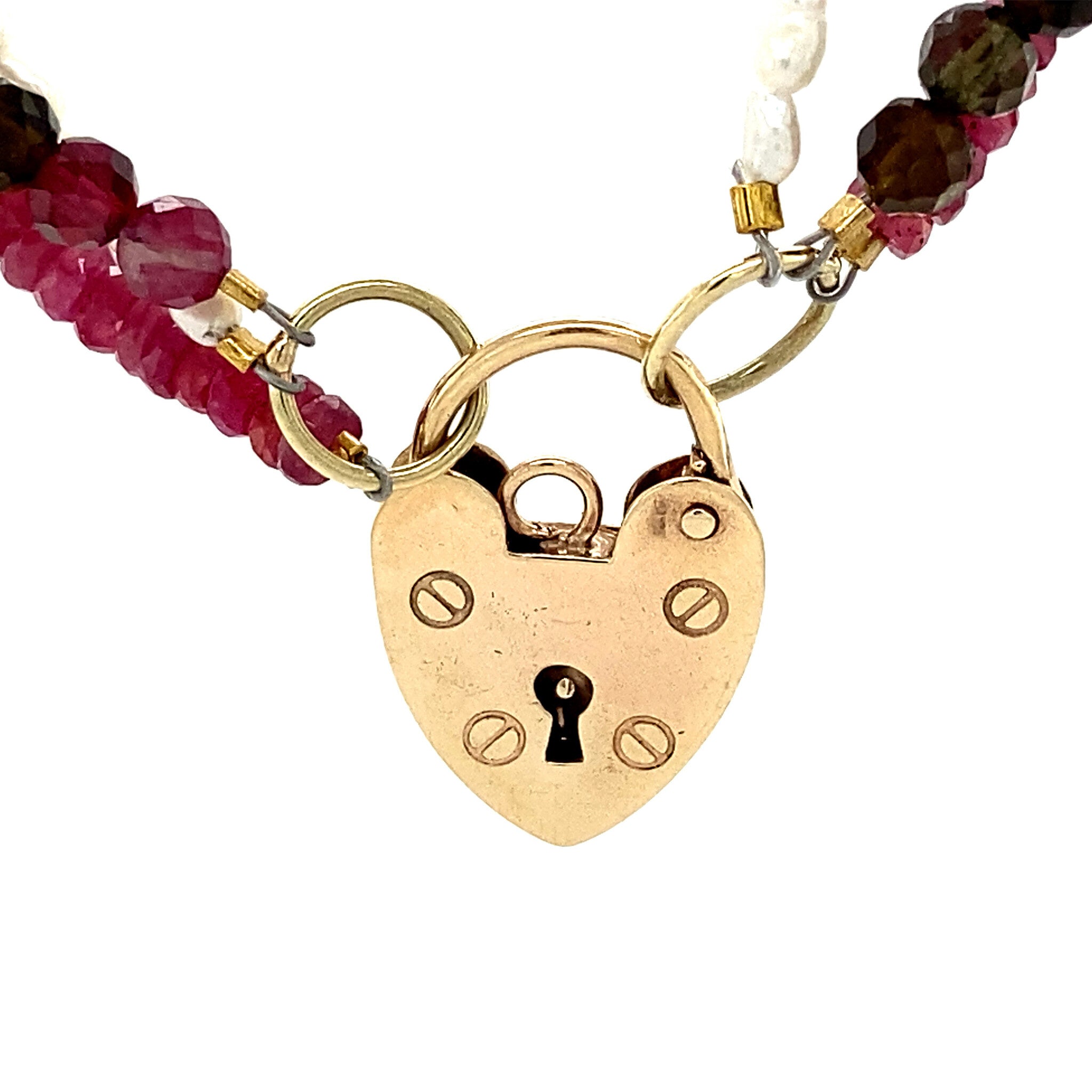 Ruby, tourmaline and pearl necklace with heart clasp, 41 cm, 9 kt