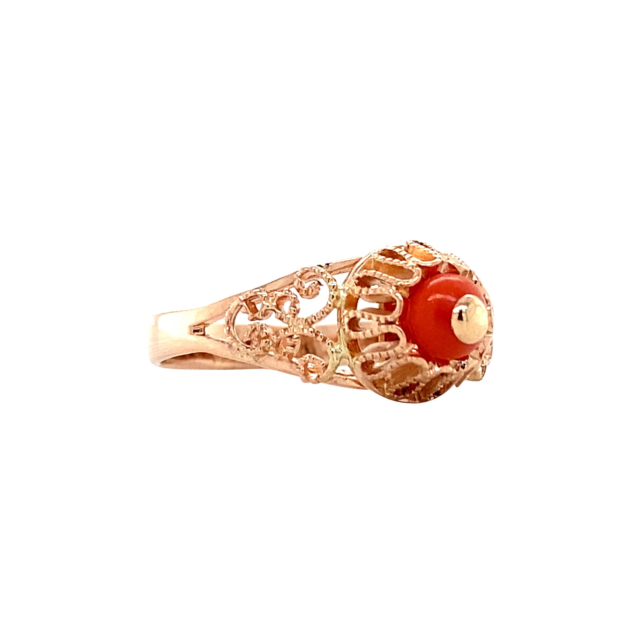 Roségouden vintage ring met bloedkoraal 14 krt
