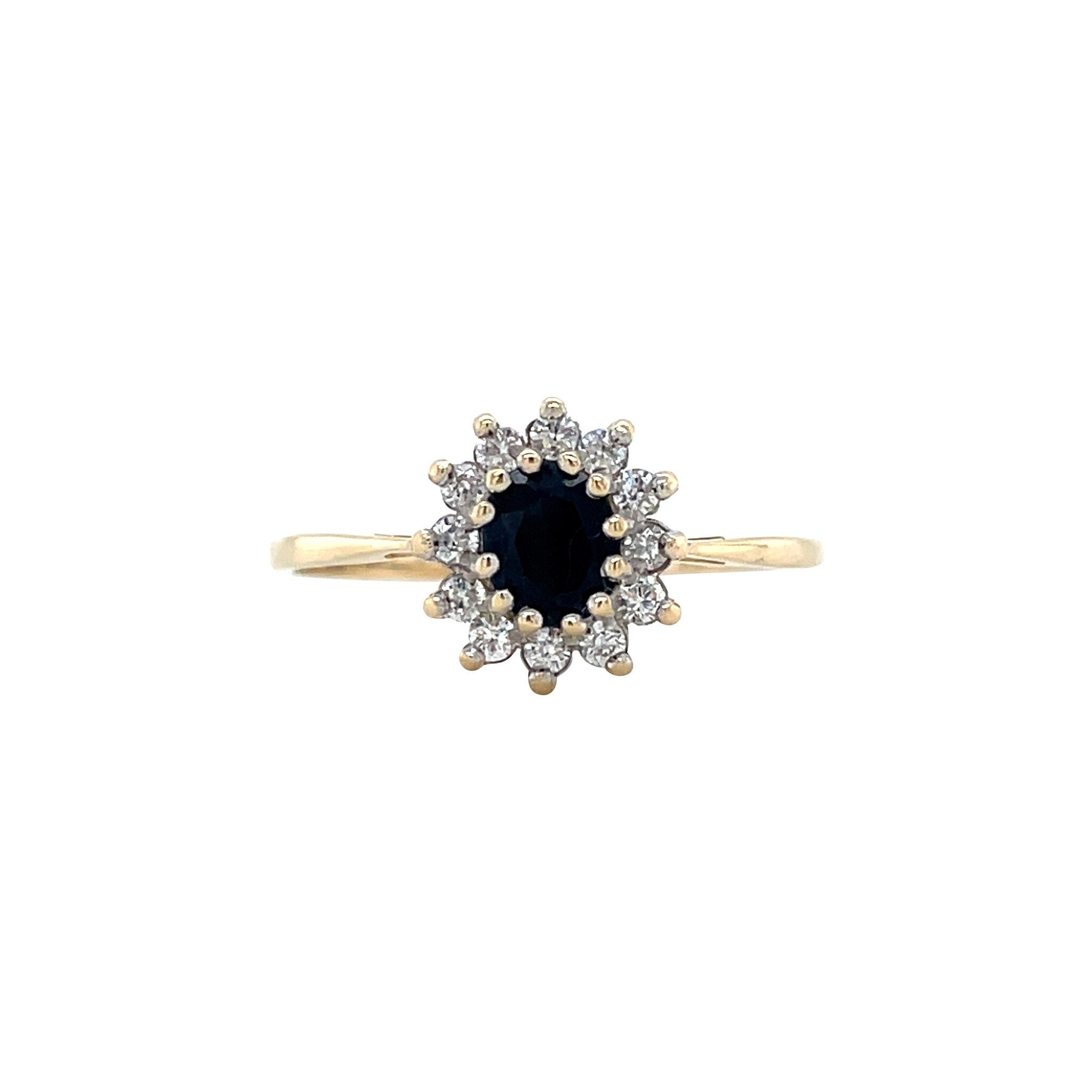 Vintage gold cluster ring with sapphire and moissanite, 14 kt