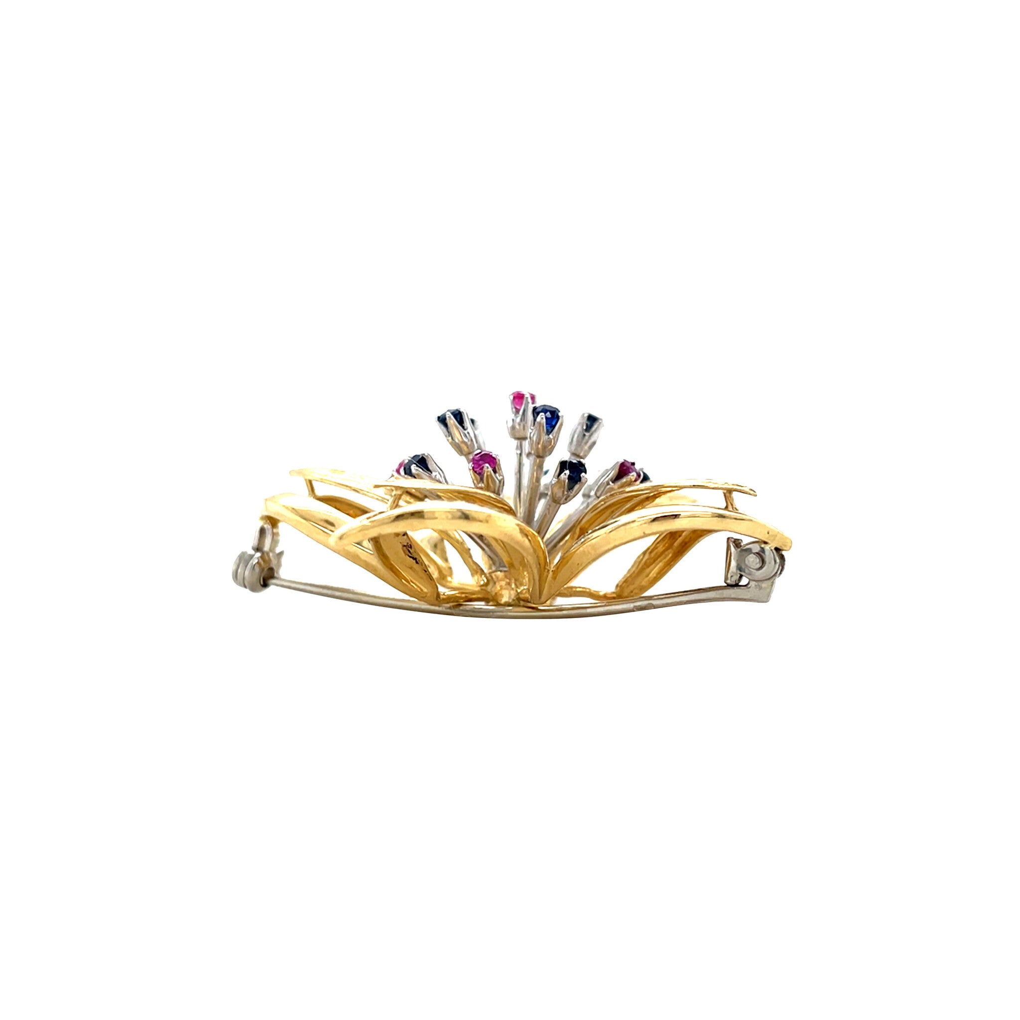 Gouden vintage broche met saffier en robijn 18 krt
