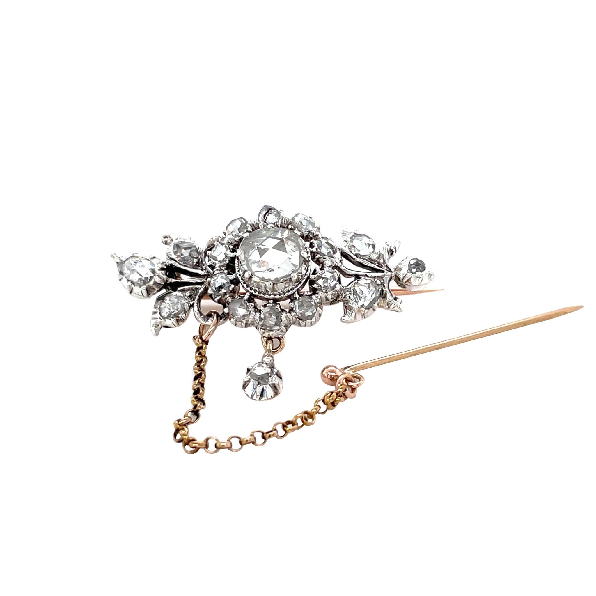 Vintage gold brooch with rose-cut diamond, 14 kt/925