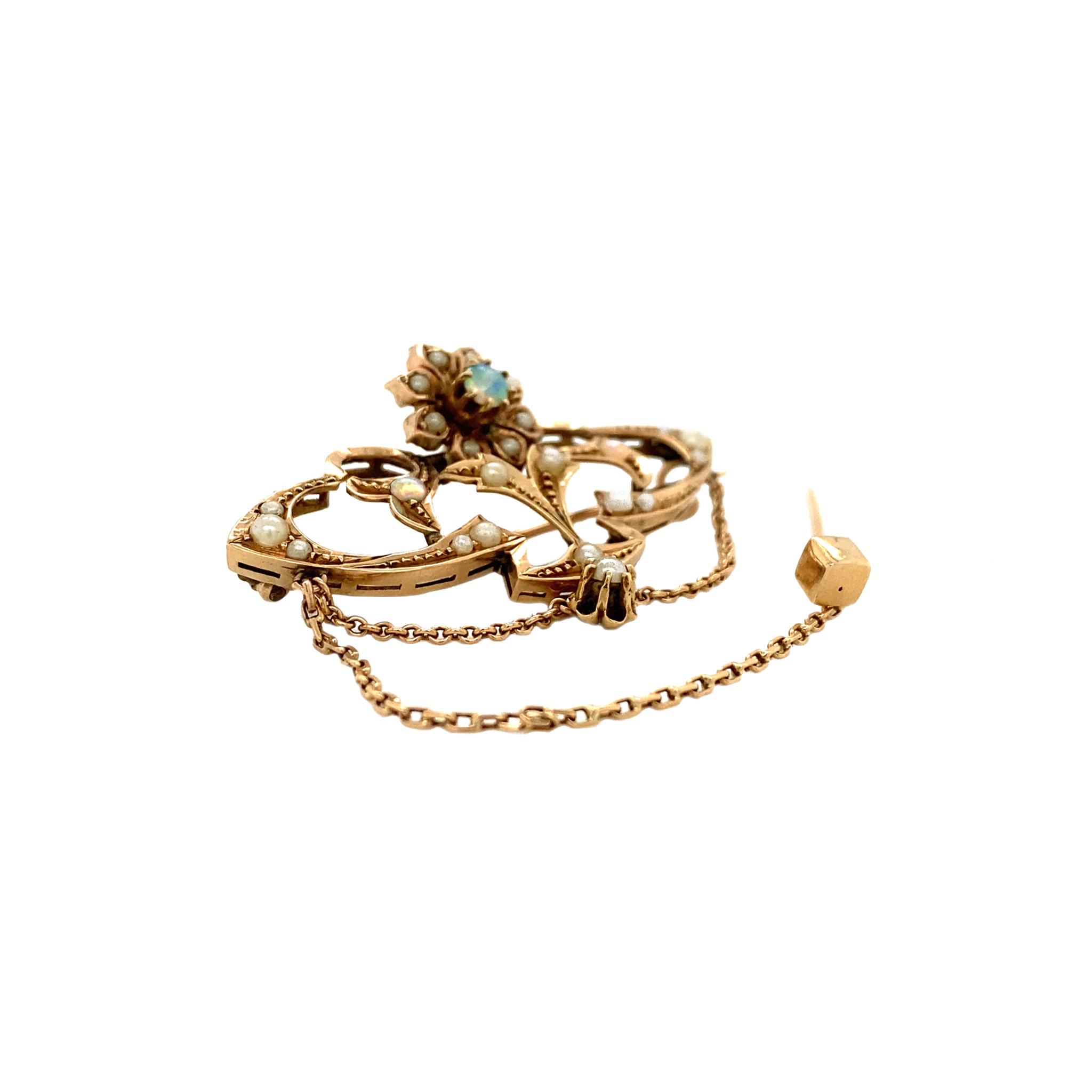 Rose gold brooch with pearl and opal 14 krt