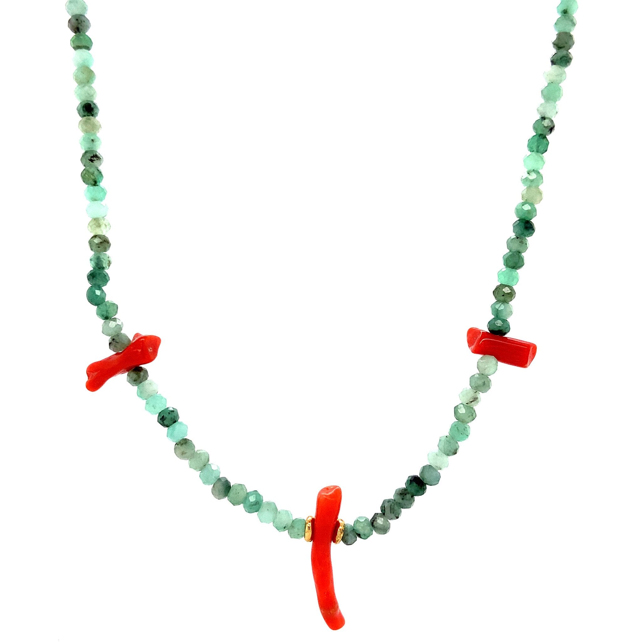 Emerald necklace with blood coral, 14 kt
