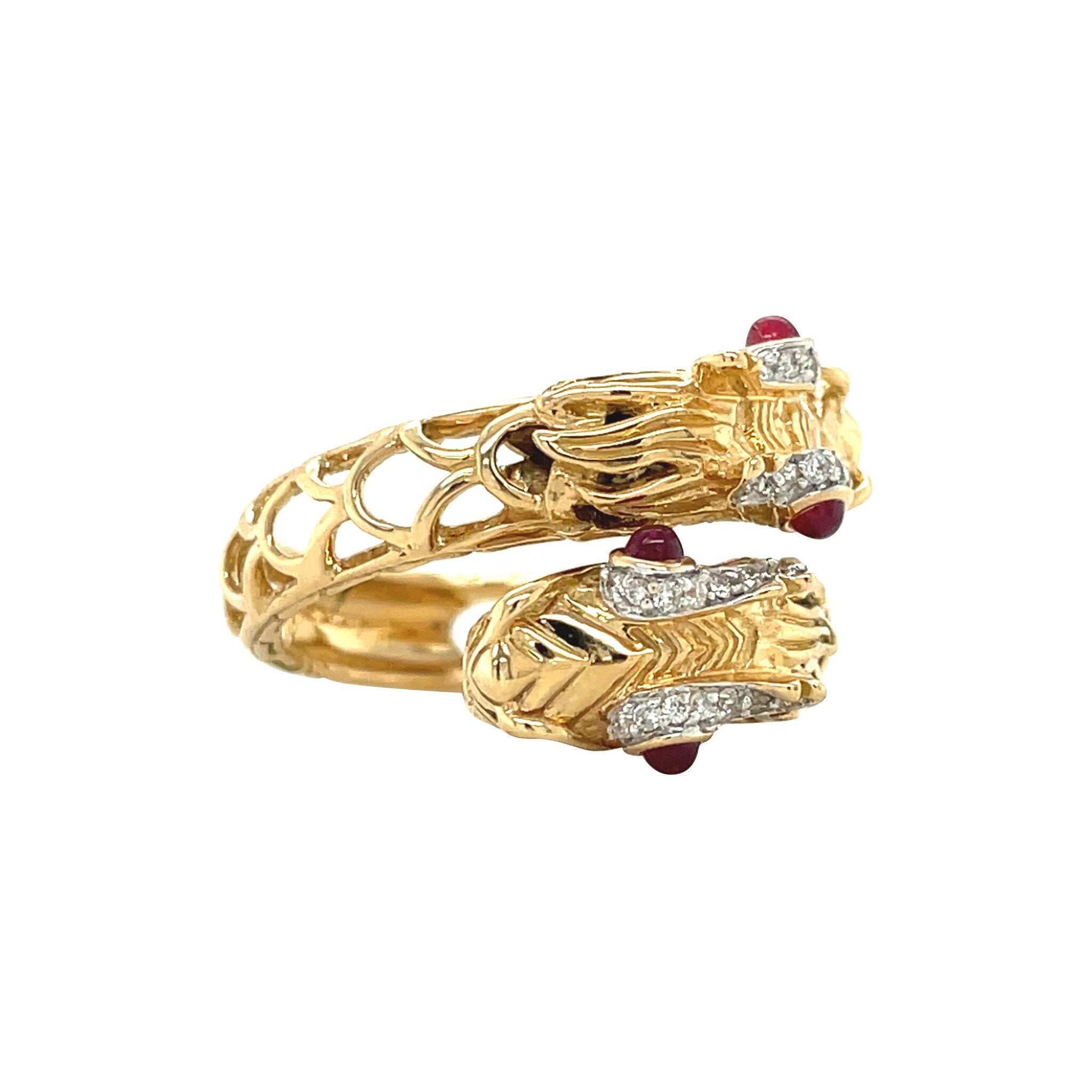Gouden vintage John Hardy Naga ring met robijn en diamant 18 kt