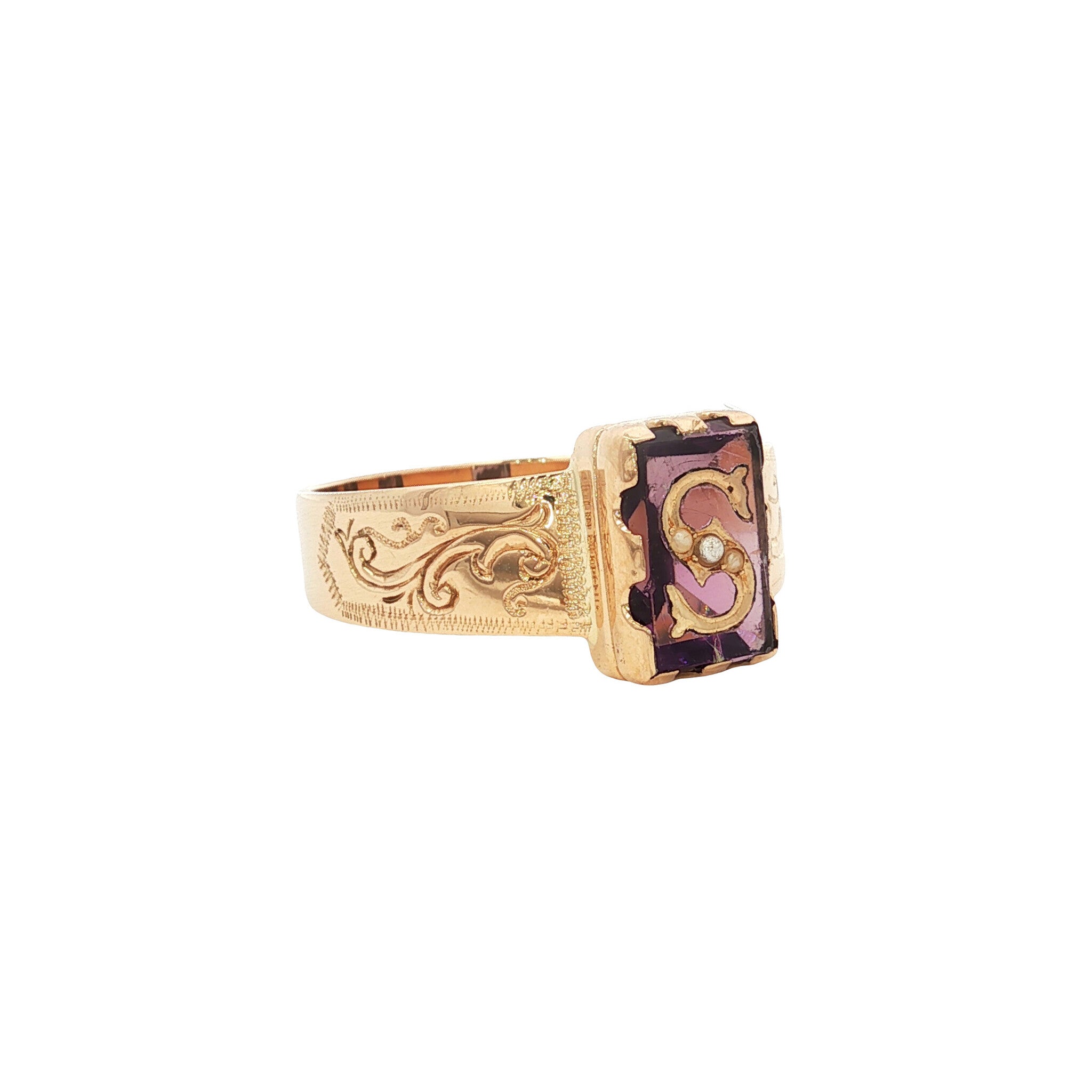 Vintage gold ring with a colored gemstone and pearl, 14 kt