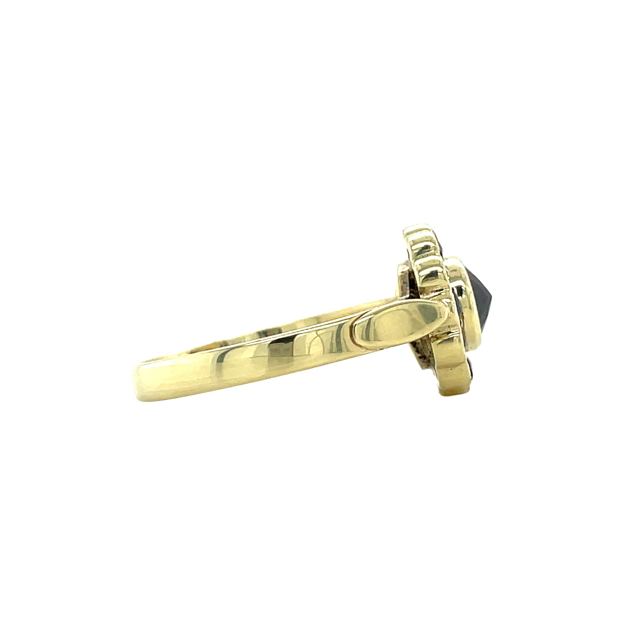 Vintage gold entourage ring with glass garnet, 14 kt