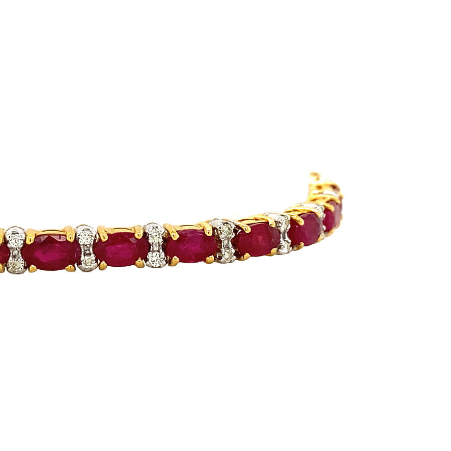 Vintage gold tennis bracelet with ruby and diamond, 18 cm, 14 kt