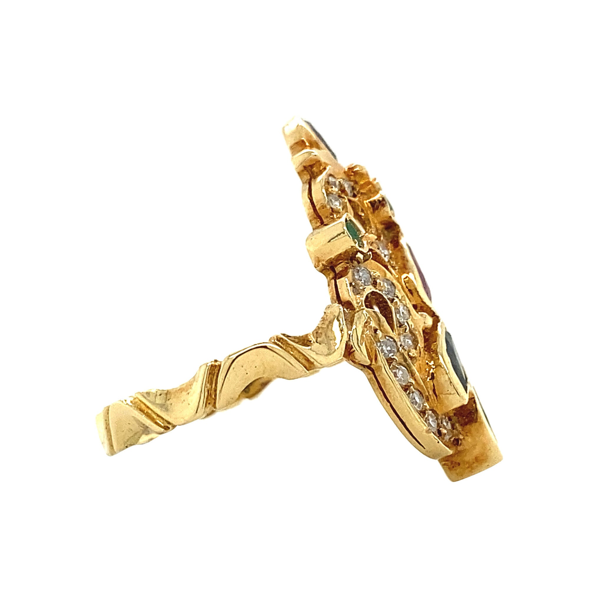 Gold ring with emerald, sapphire, ruby and diamond 18 krt