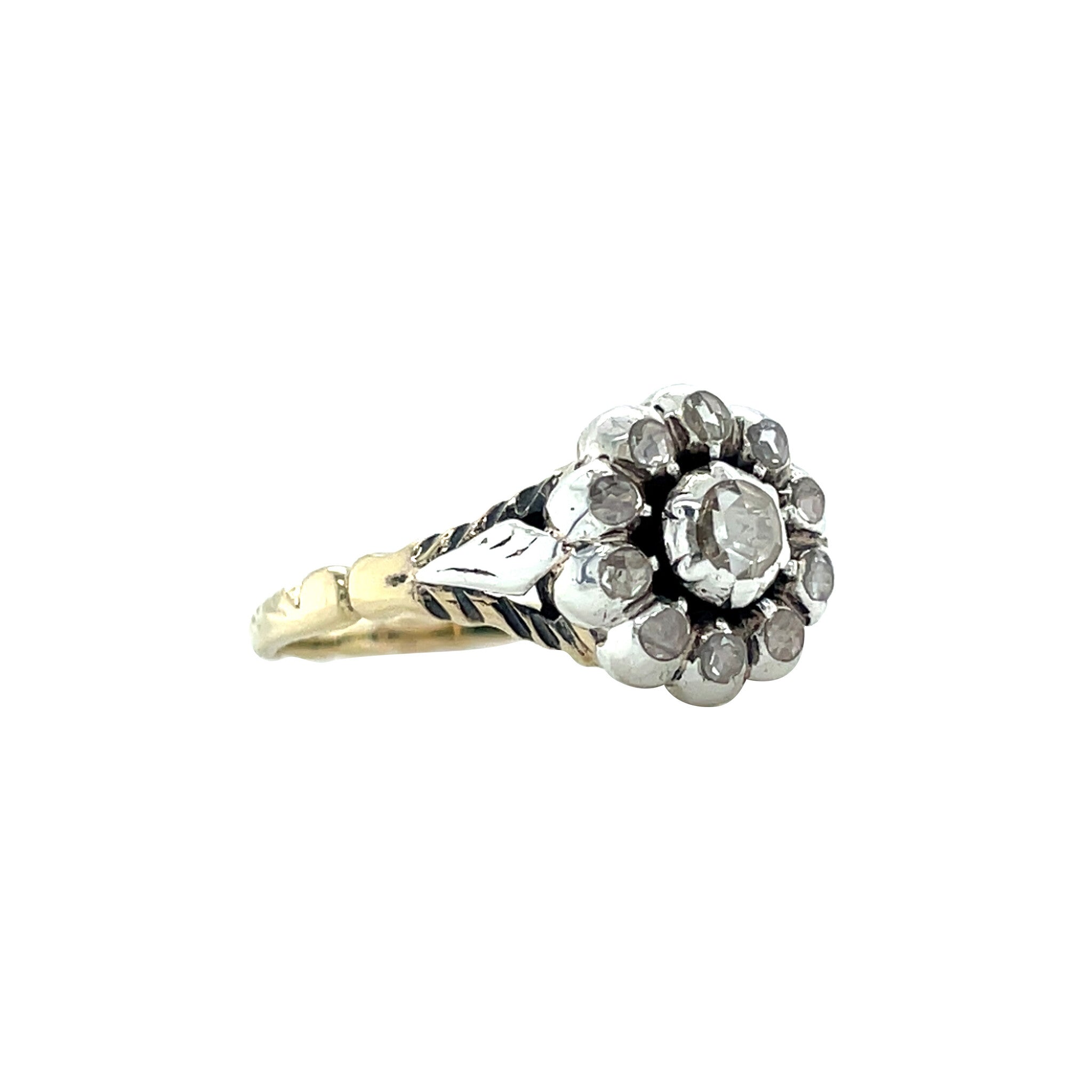 14 kt gold vintage halo ring with a rose-cut diamond