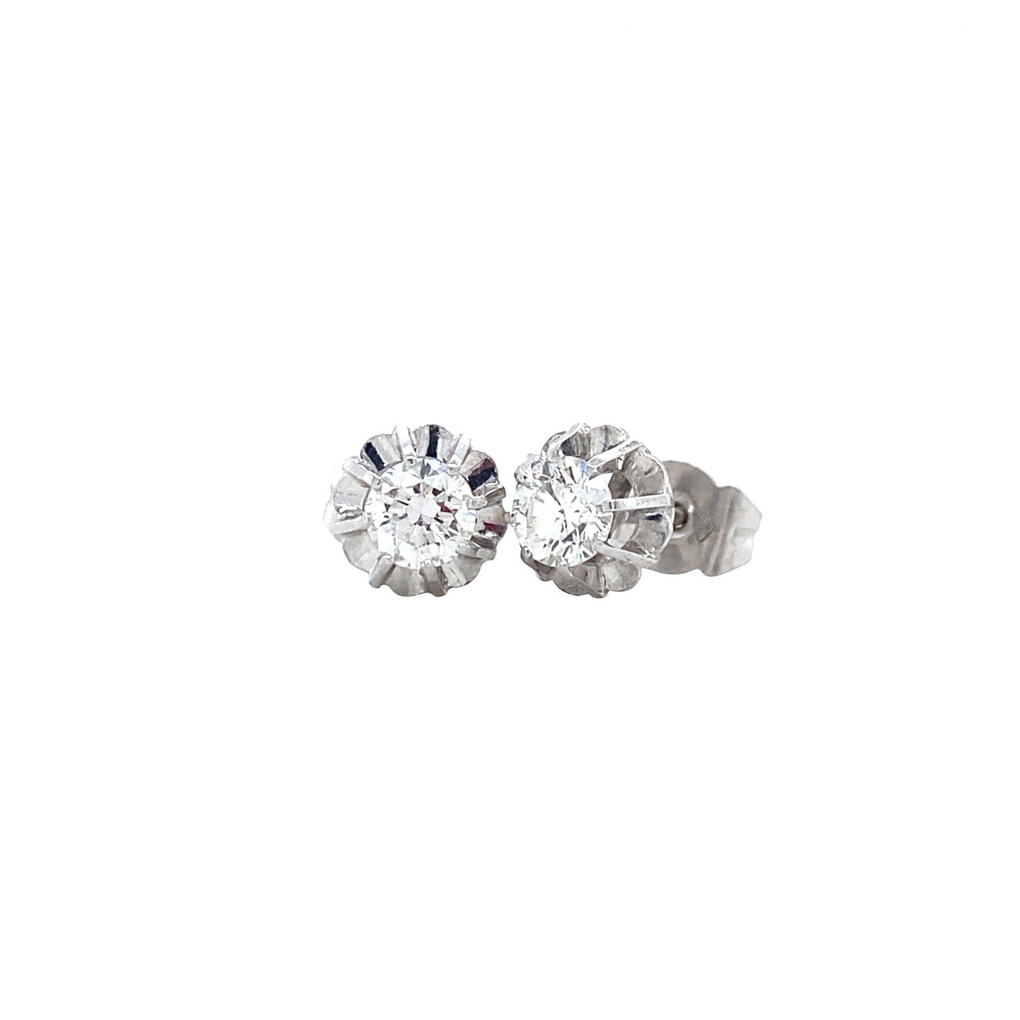 White-gold vintage solitaire stud earrings with diamond 18 kt