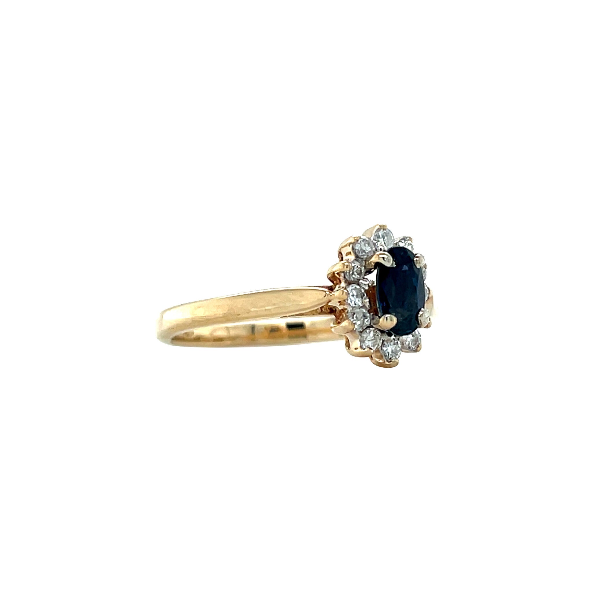 Gouden vintage entourage ring met saffier en diamant 14 kt
