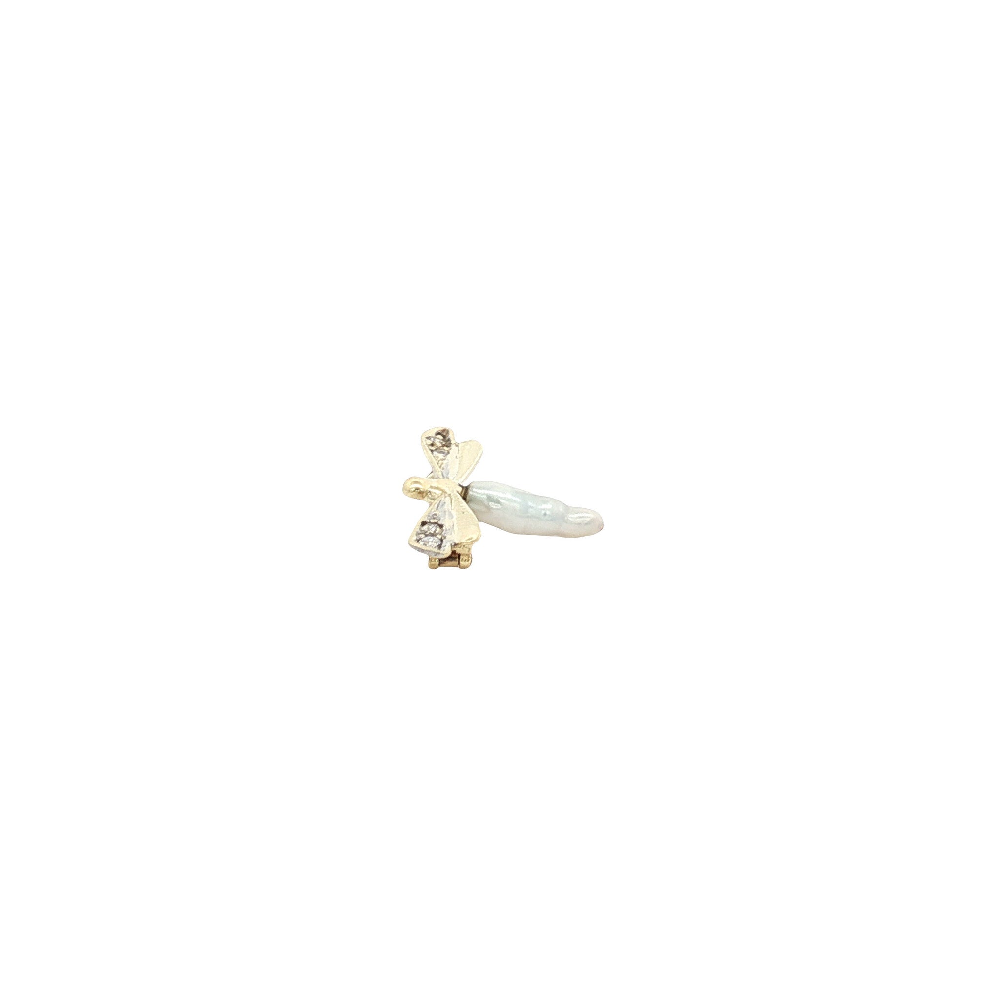 Vintage dragonfly brooch in 14 kt gold with pearl and zirconia