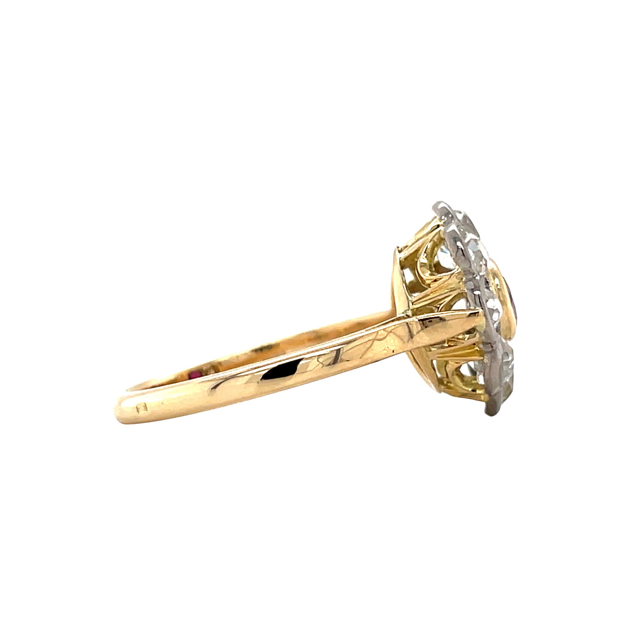Gold vintage entourage ring with ruby and diamond 18 kt
