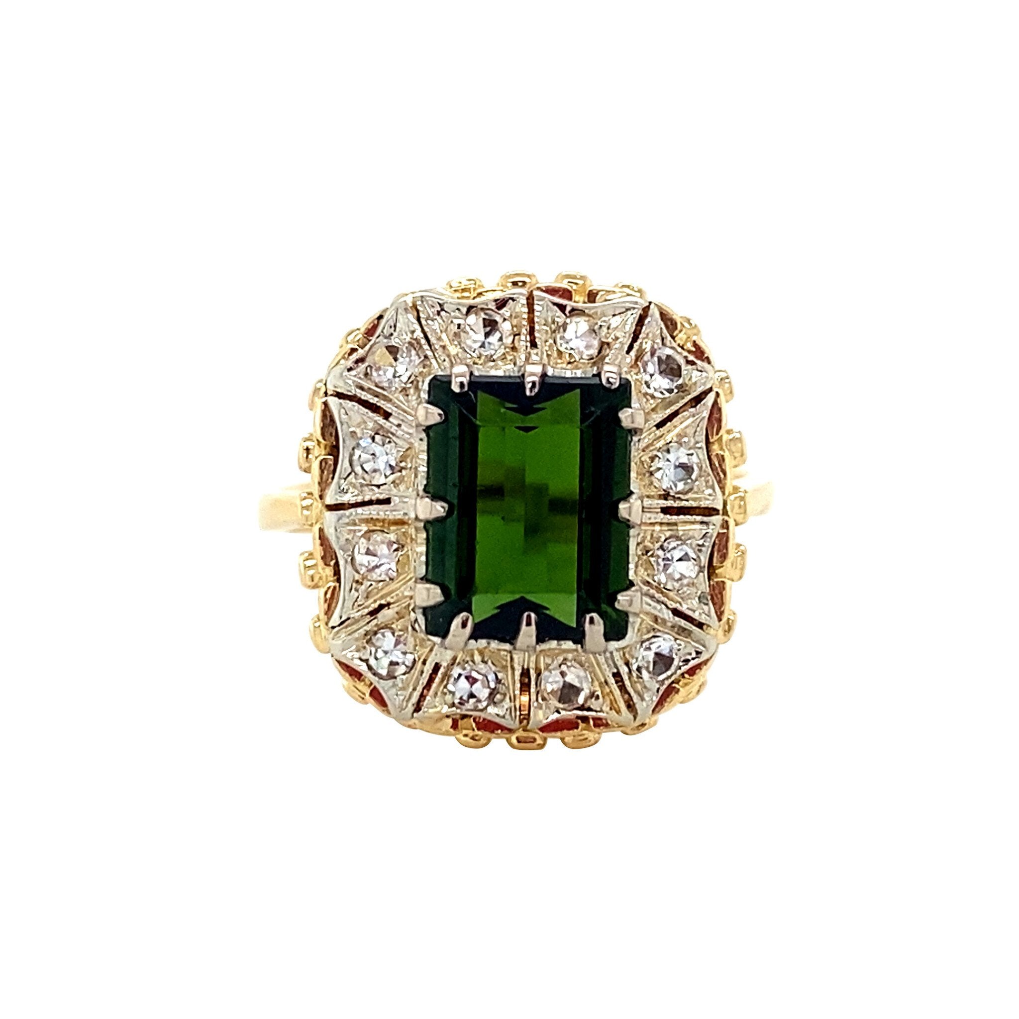 Vintage gold cluster ring with tourmaline and spinel, 18 kt