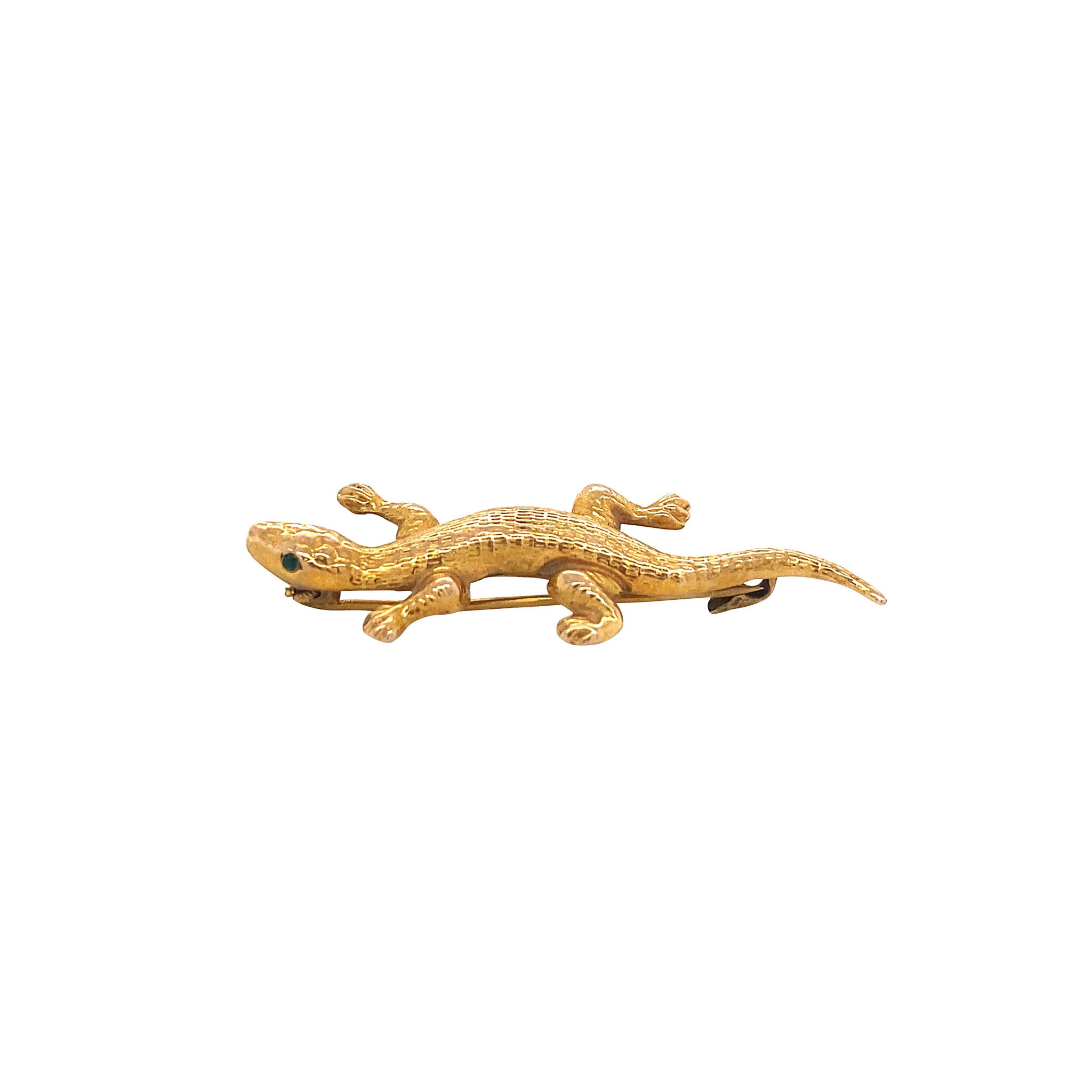 Gouden salamander broche met kleursteen 14 krt