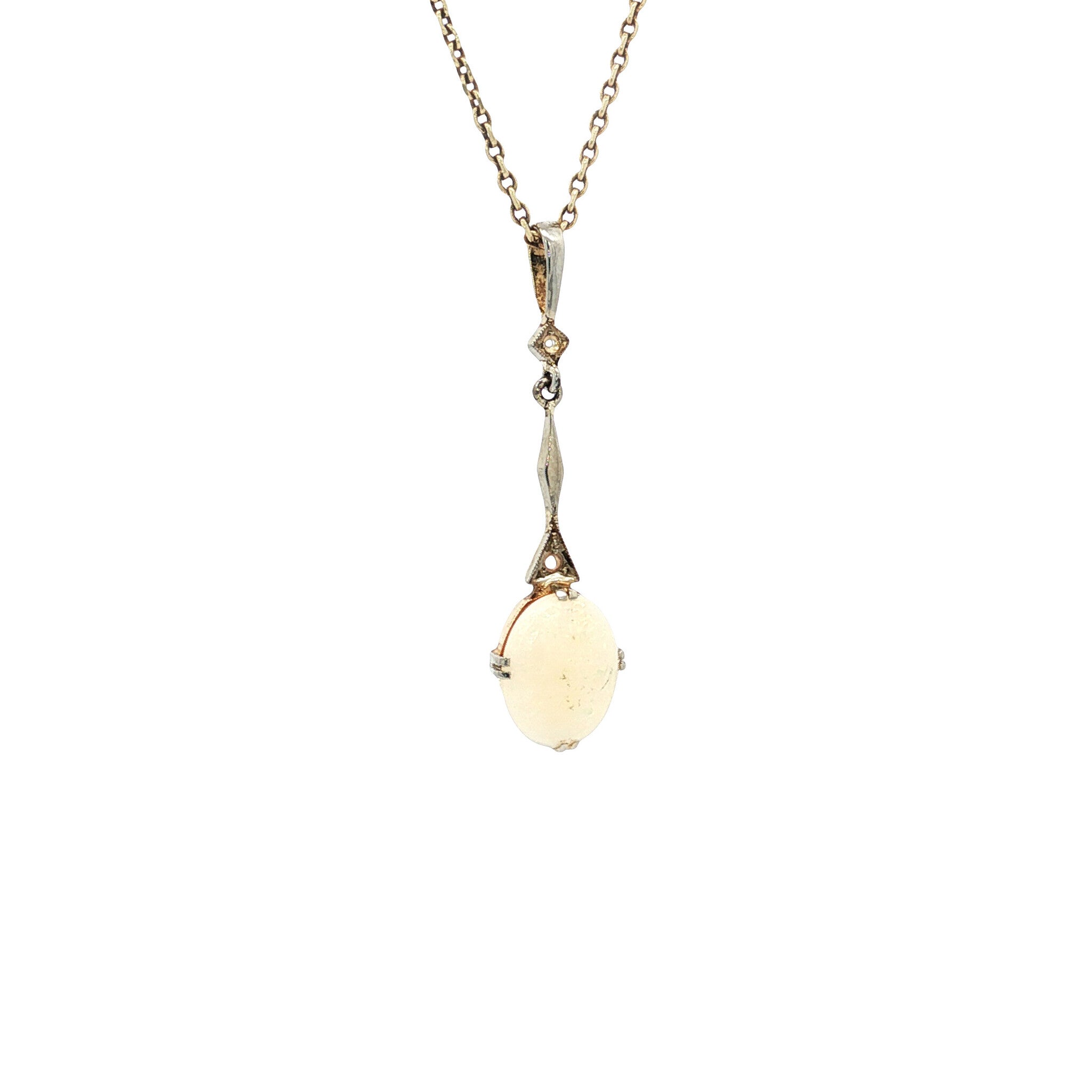 White gold vintage pendant with opal and rose diamond 14 kt