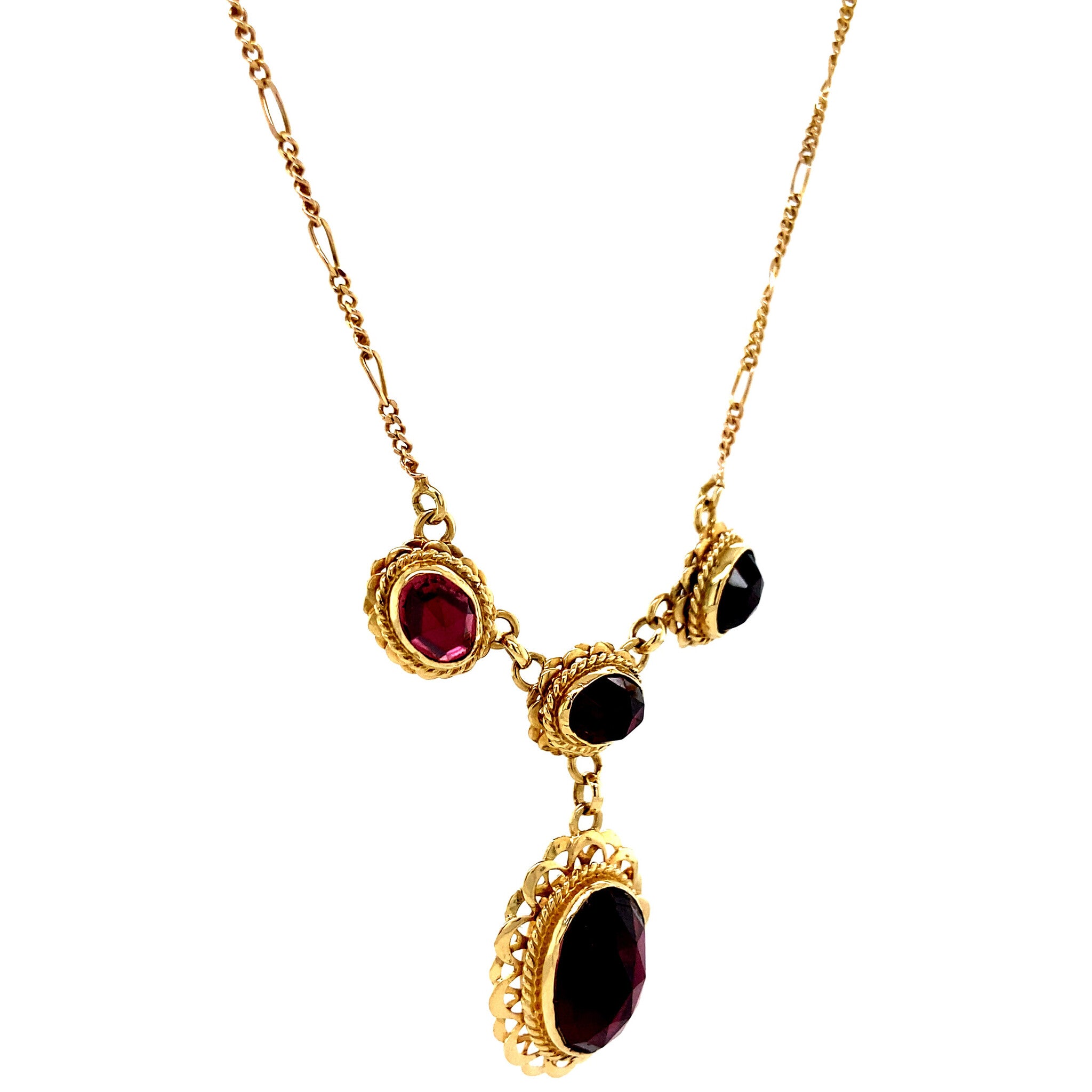 Gold necklace figaro with pendant with garnet 41 cm 14 krt