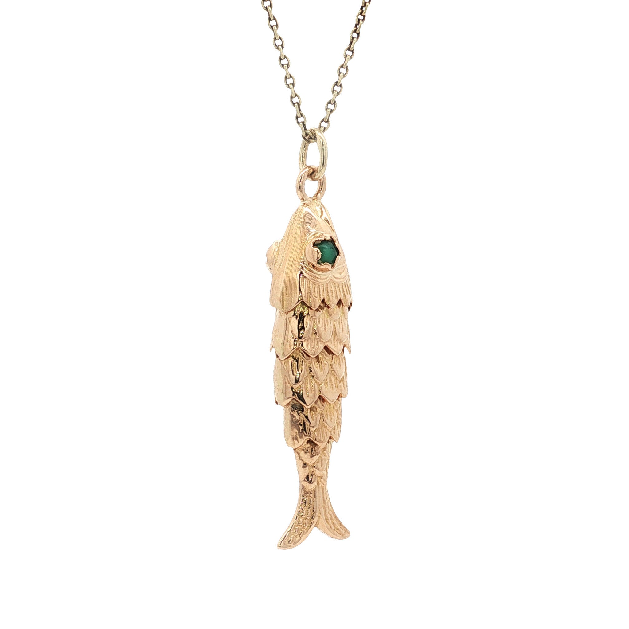 Gouden vintage vis hanger met kleursteen 14 kt