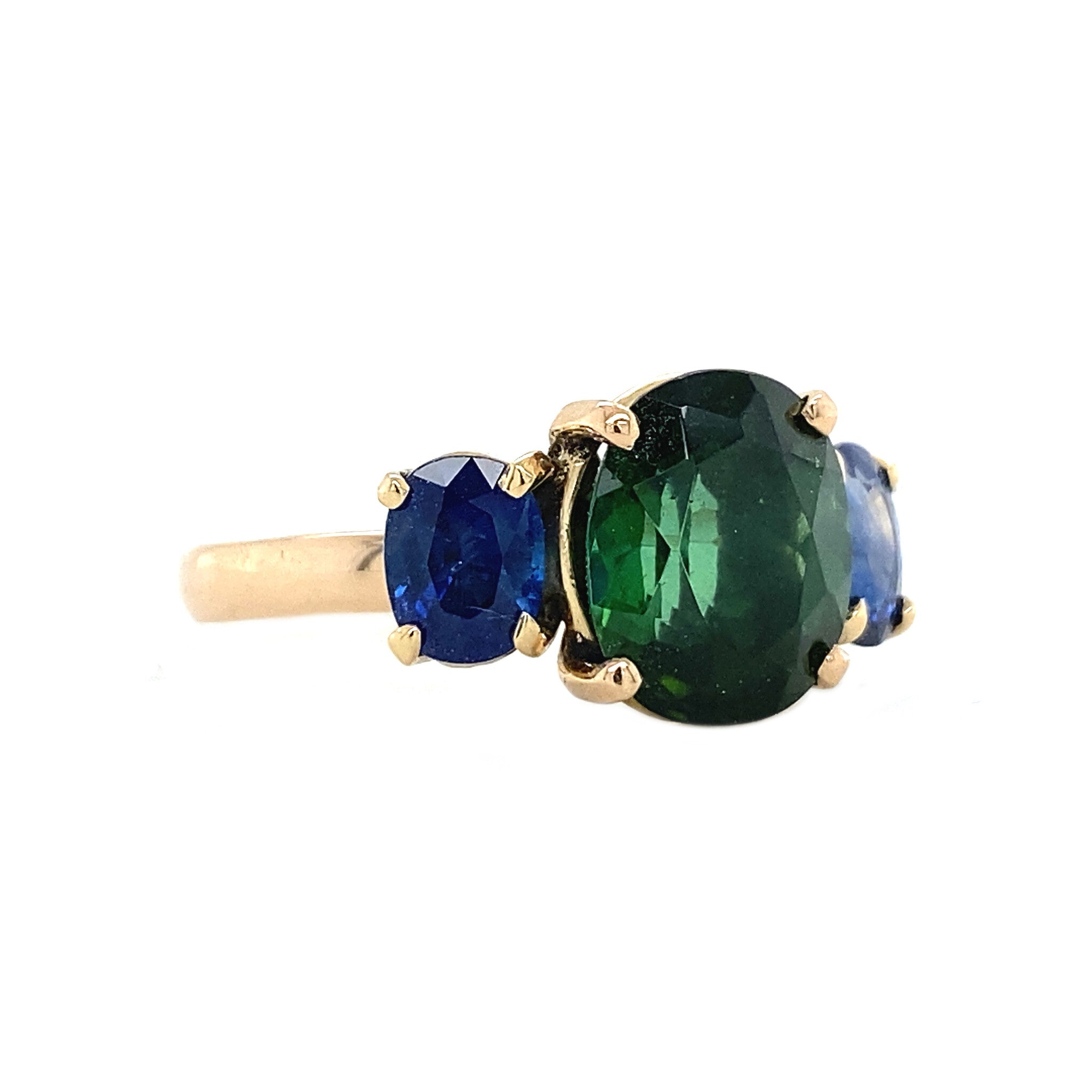 Gouden ring met toermalijn en saffier 14 krt
