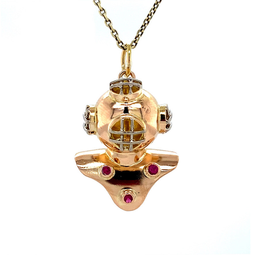 Vintage 14 kt gold diving helmet pendant with ruby