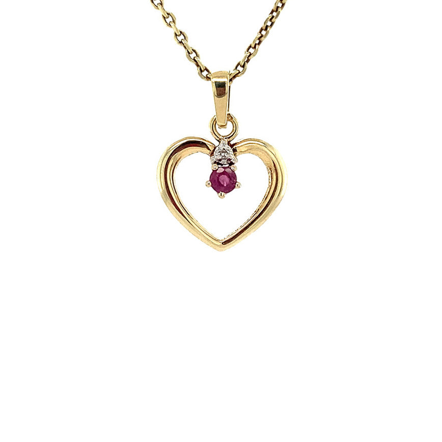 Gouden hanger hart met robijn en diamant 14 krt