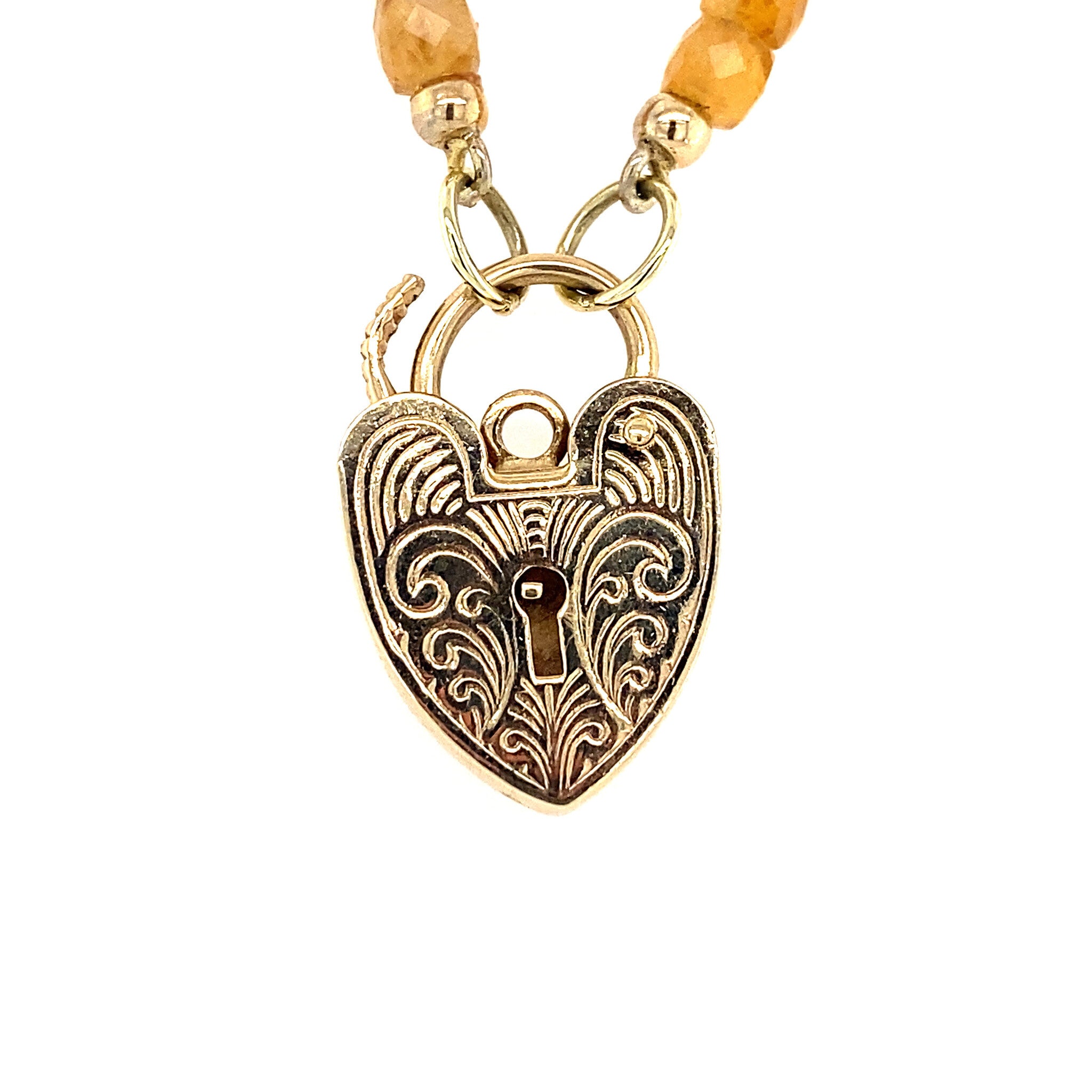 Citrine necklace with heart clasp 43 cm 9 krt
