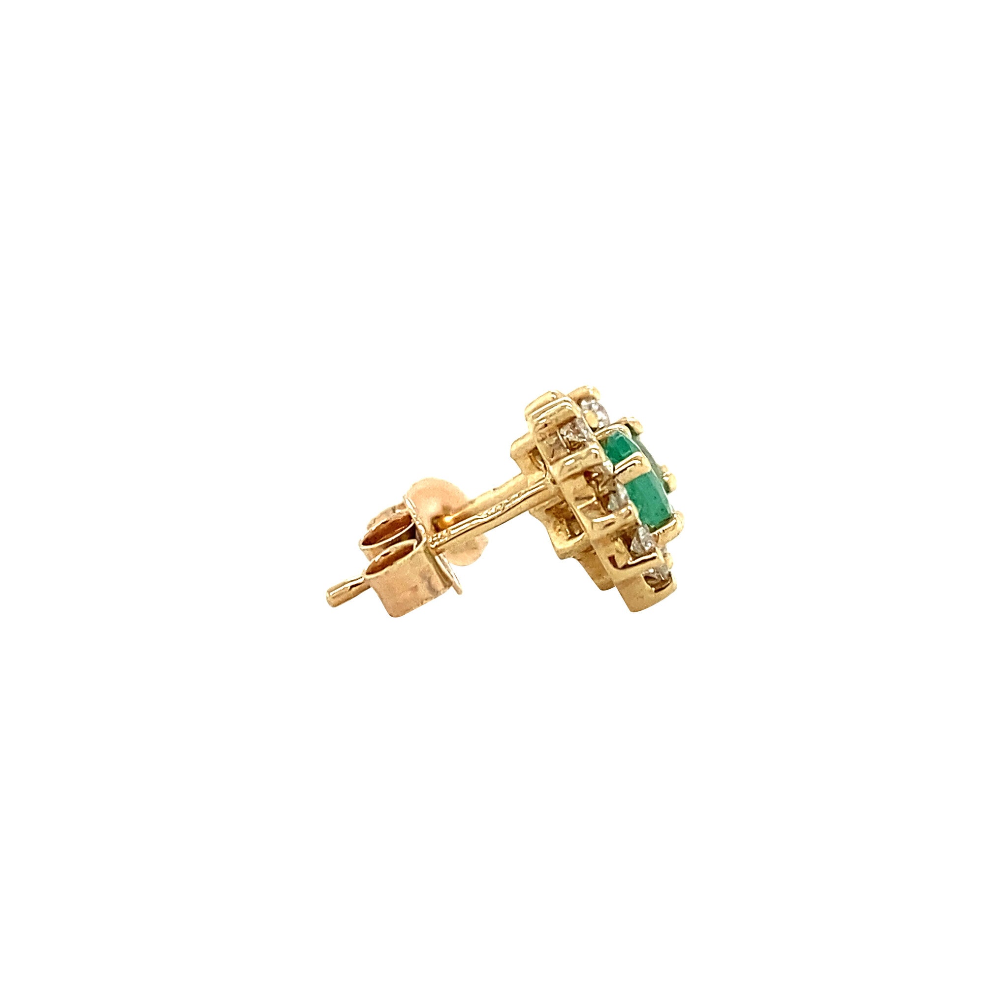 Gold entourage stud earrings with natural emerald and diamond 14 kt