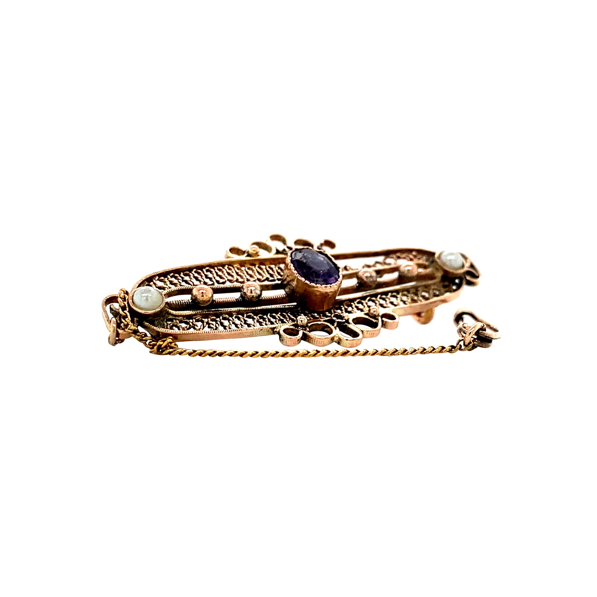 Gouden vintage broche met kleursteen en parel 14 krt