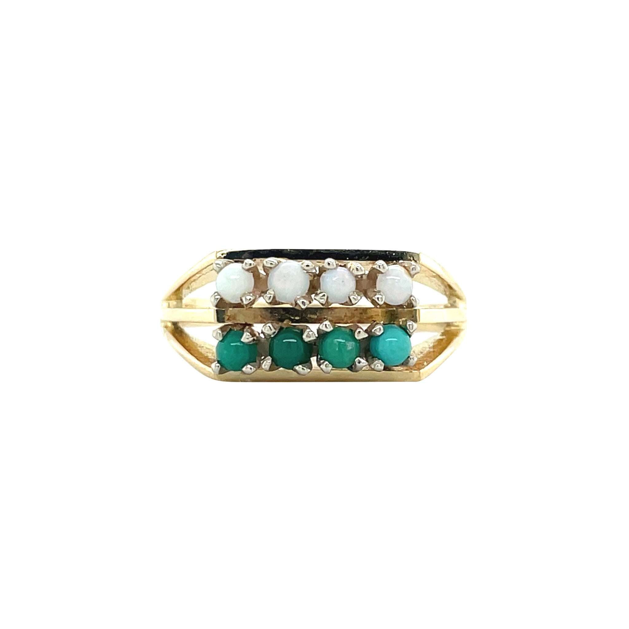 Gold vintage row ring with turquoise and opal 14 kt