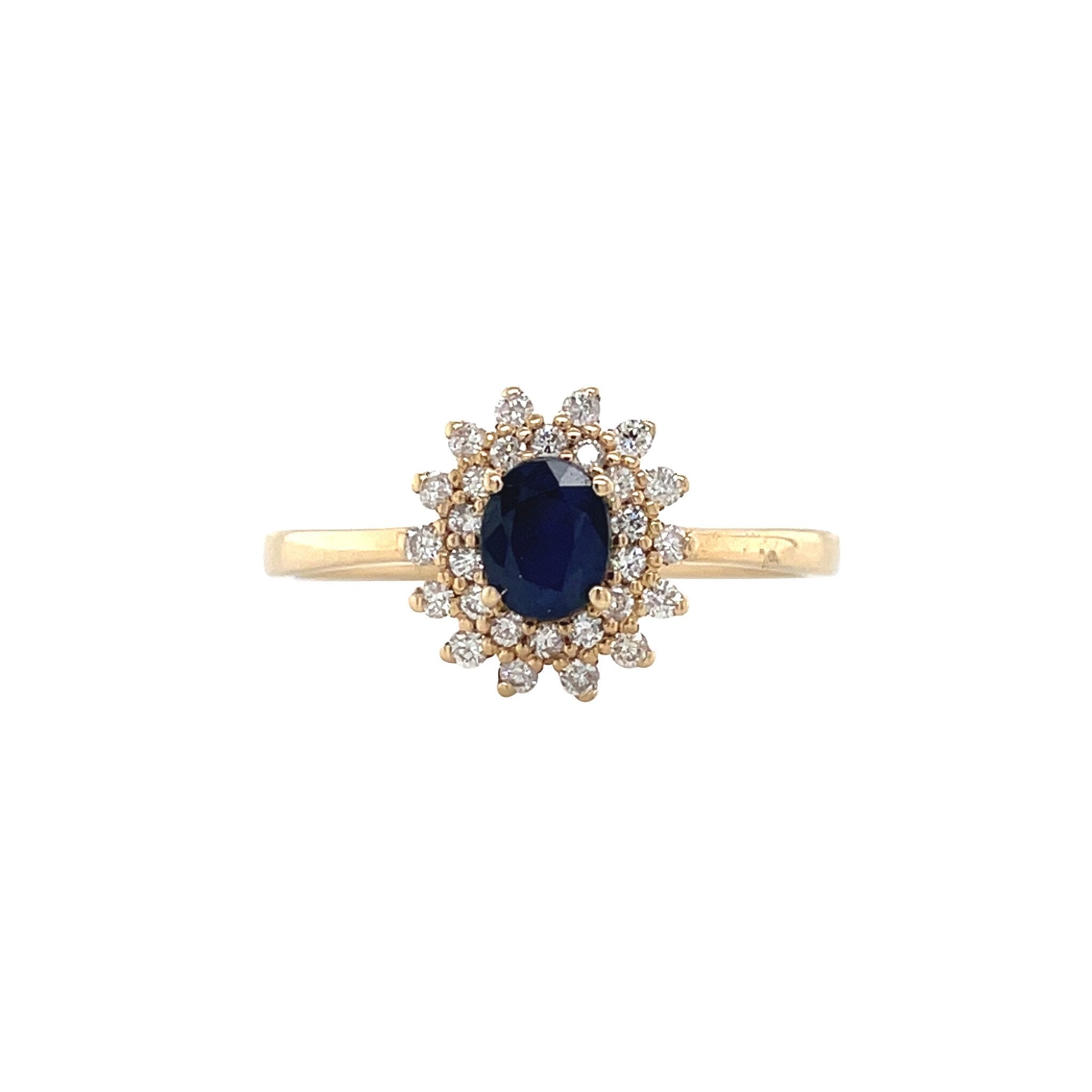 Vintage 14 kt gold cluster ring with sapphire and diamond