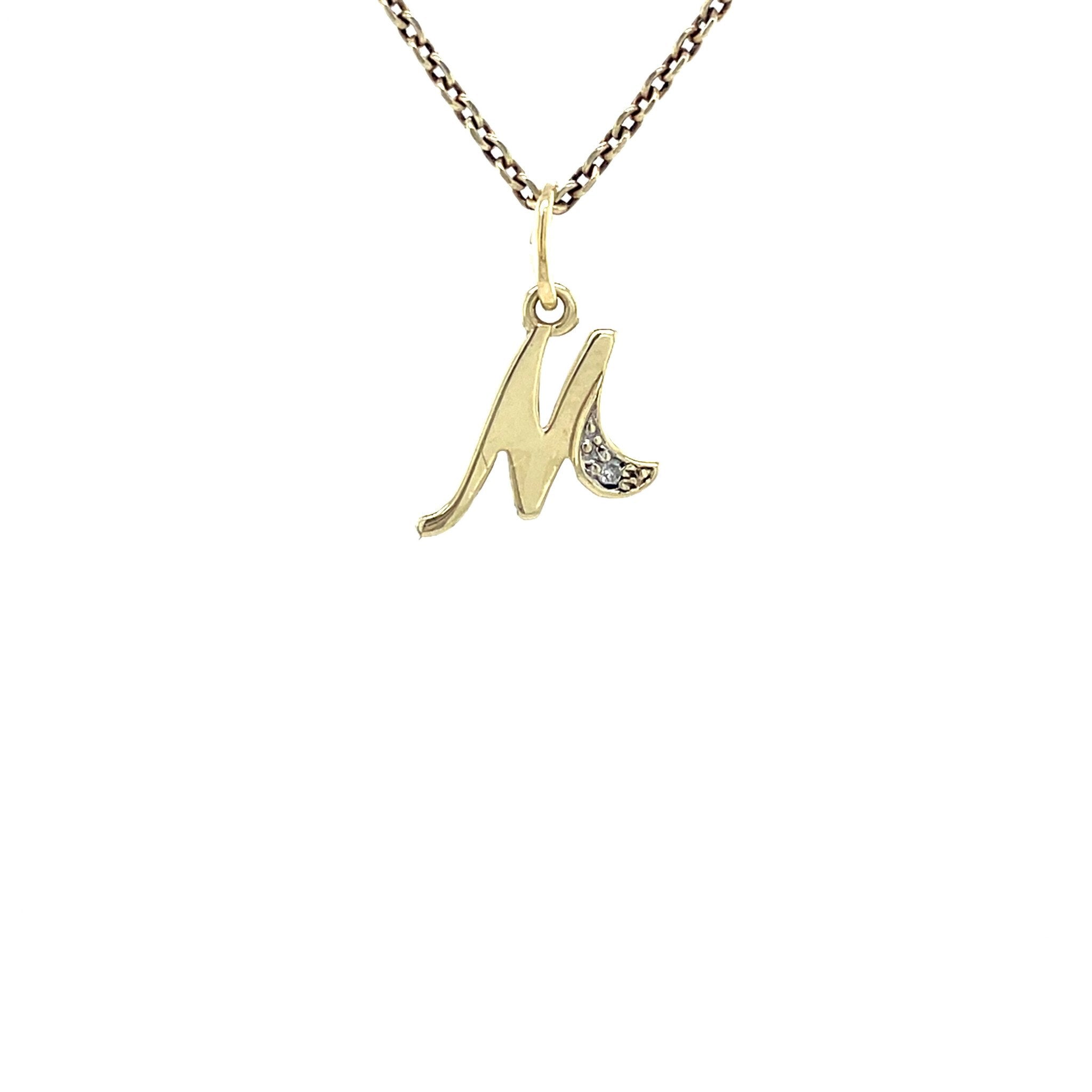 Vintage gold letter M pendant with diamond, 14 kt