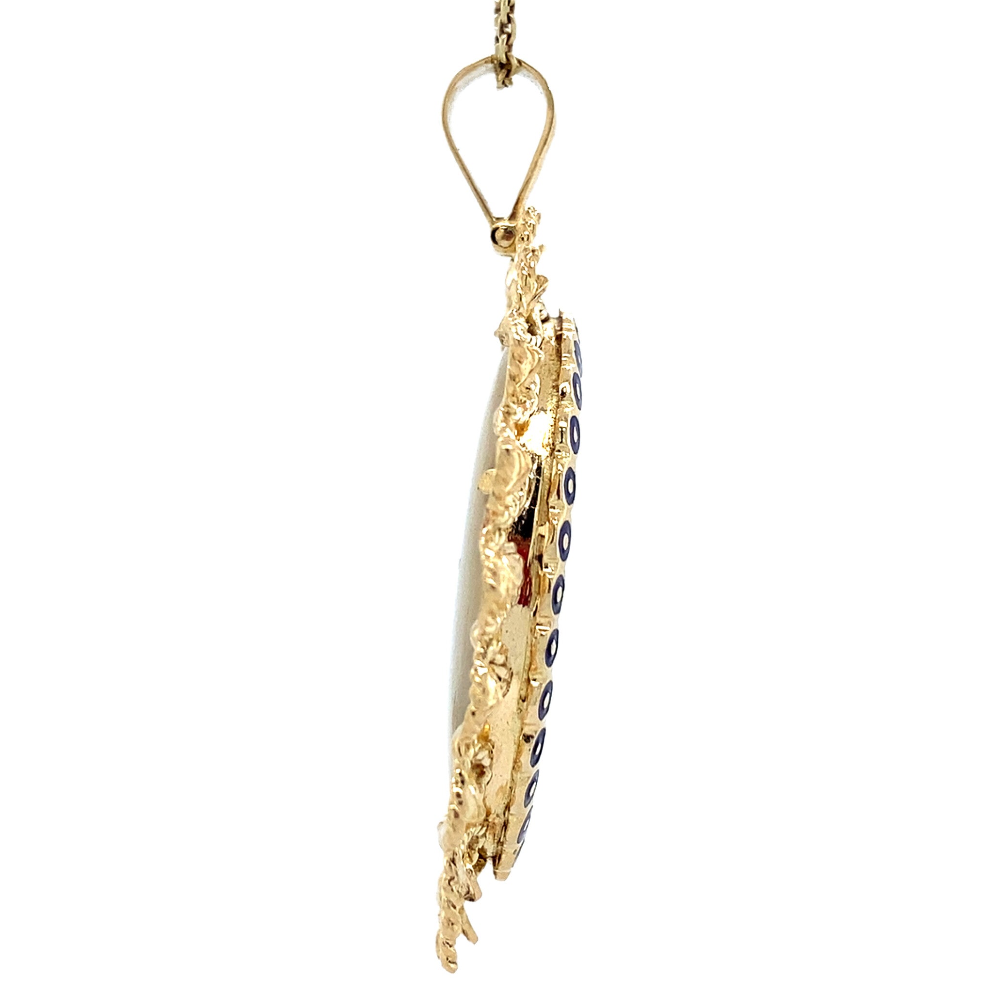 Gouden vintage hanger met zirkonia en miniatuurschildering 14 krt