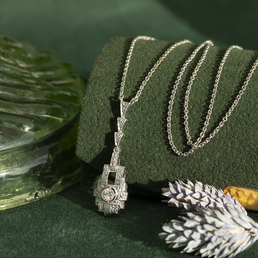 Silver vintage necklace with white gold pendant with diamond 14 kt/925