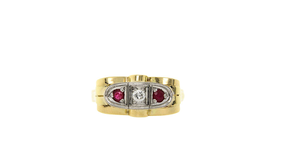 Gold art deco ring with ruby and diamond 14 krt
