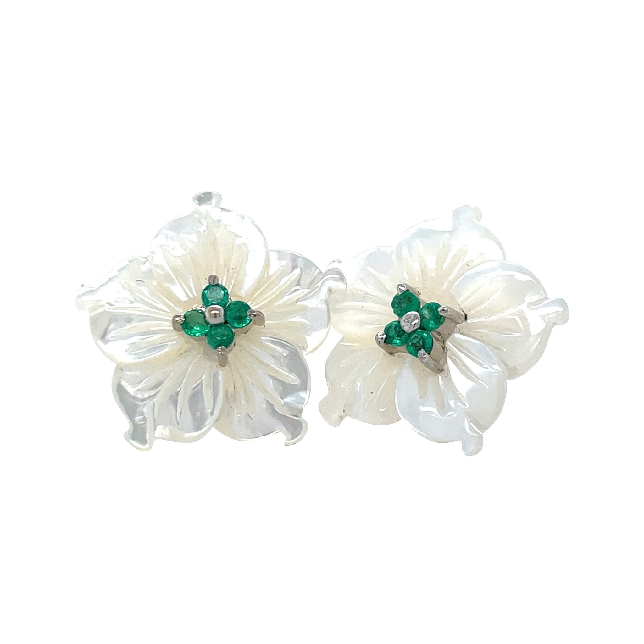 Vintage white gold stud earrings with emerald and mother-of-pearl, 14 kt