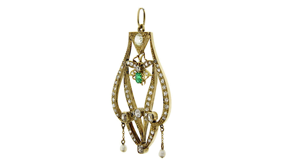 Vintage gouden hanger met diamant en smaragd 14 krt