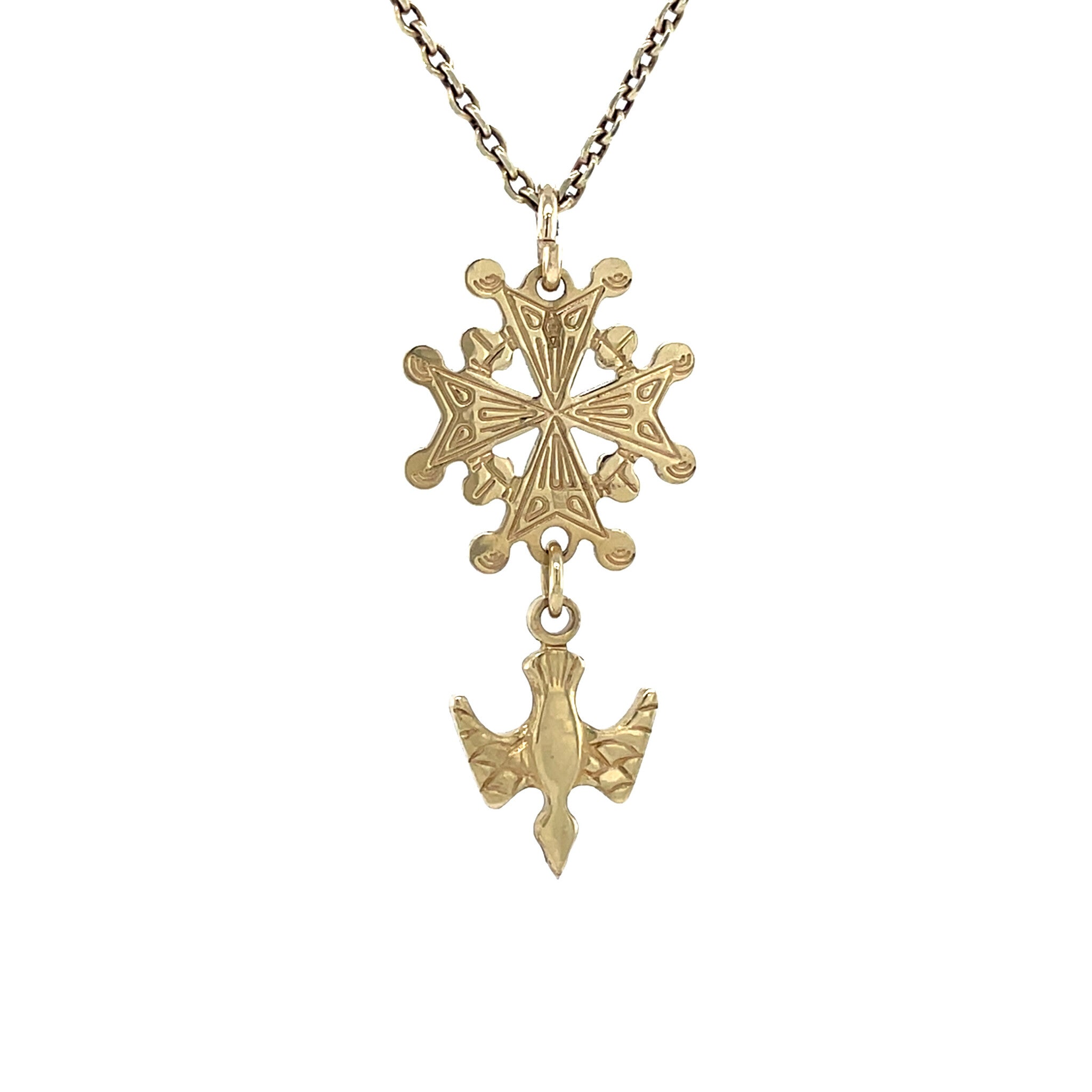 Gold vintage Huguenot cross pendant 14 krt