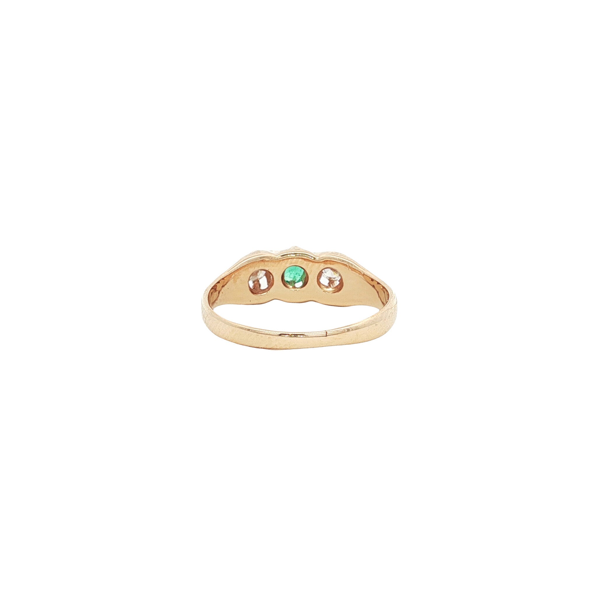 Vintage 14 kt gold trilogy row ring with emerald and diamond.
