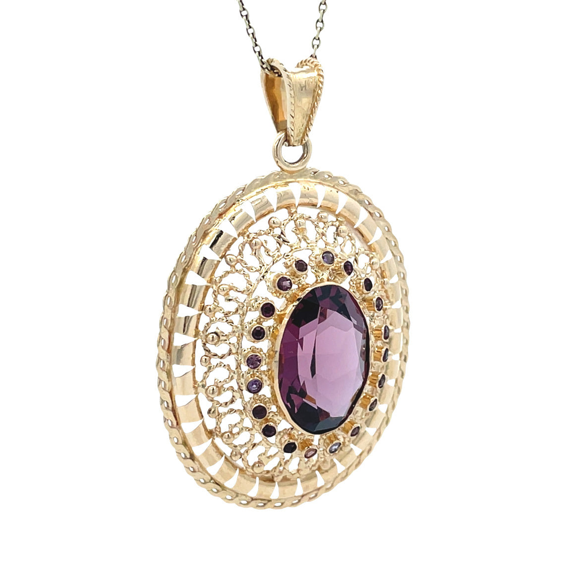 Gouden vintage entourage hanger met kleursteen 14 kt