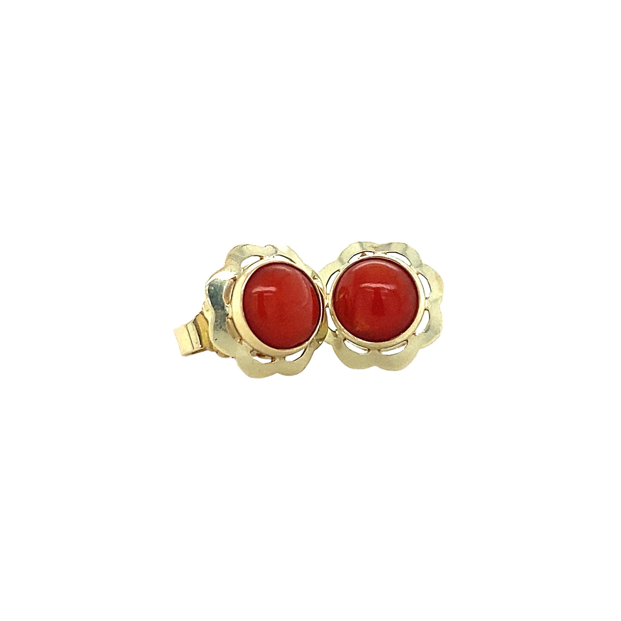 14 kt gold stud earrings with blood coral