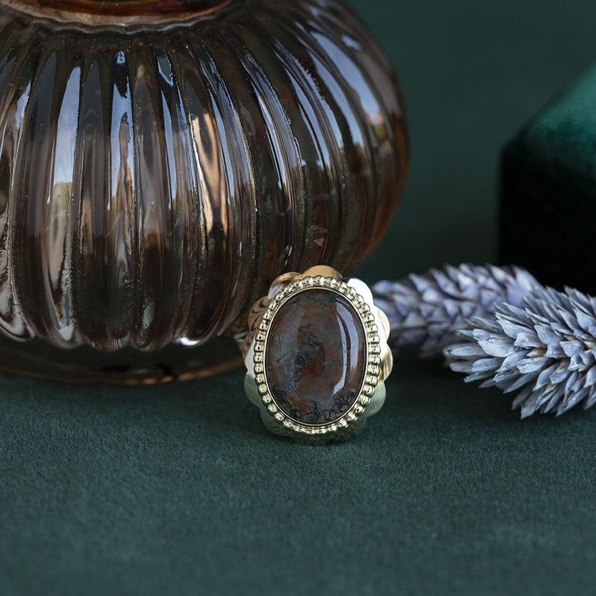Vintage gold ring with moss agate, 14 kt