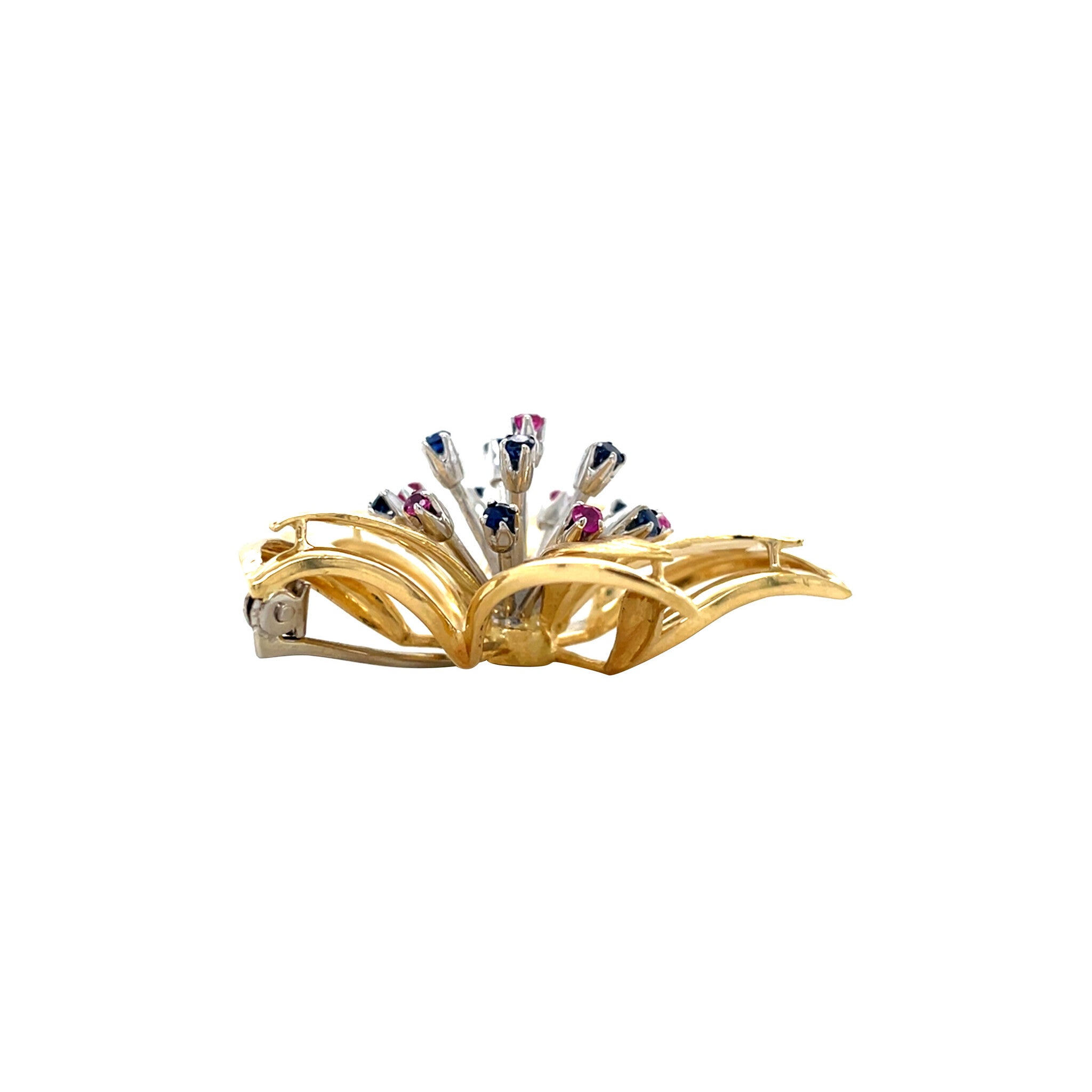 Gouden vintage broche met saffier en robijn 18 krt
