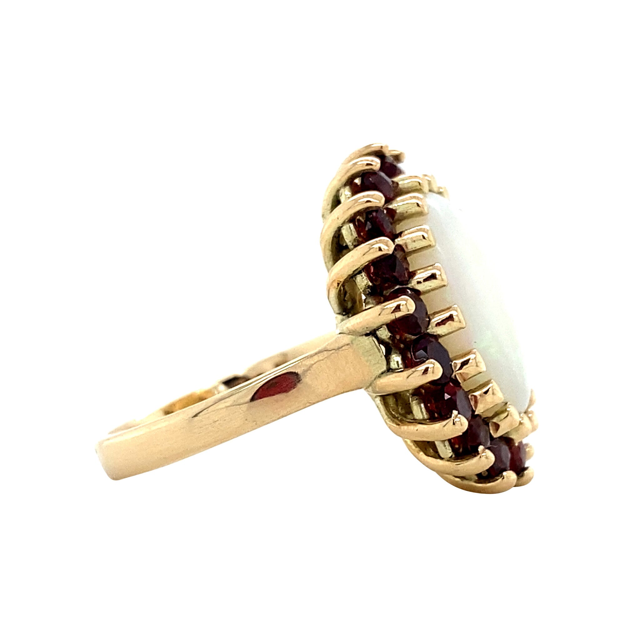 Gouden entourage ring met opaal en granaat 14 krt