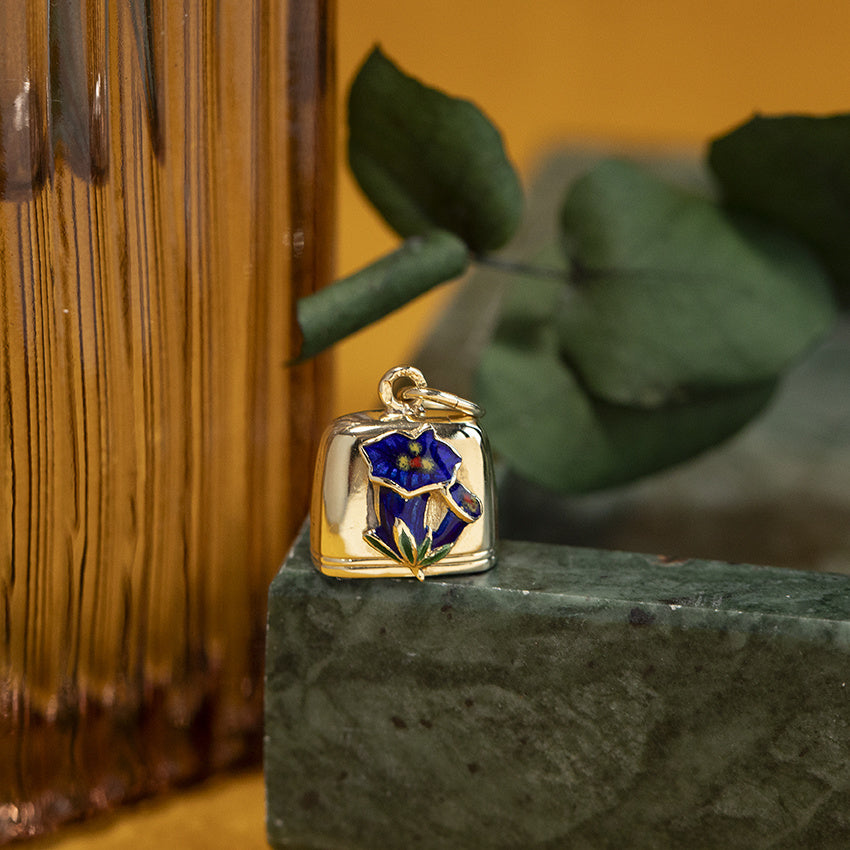 Gouden vintage bel hanger met emaille 14 kt