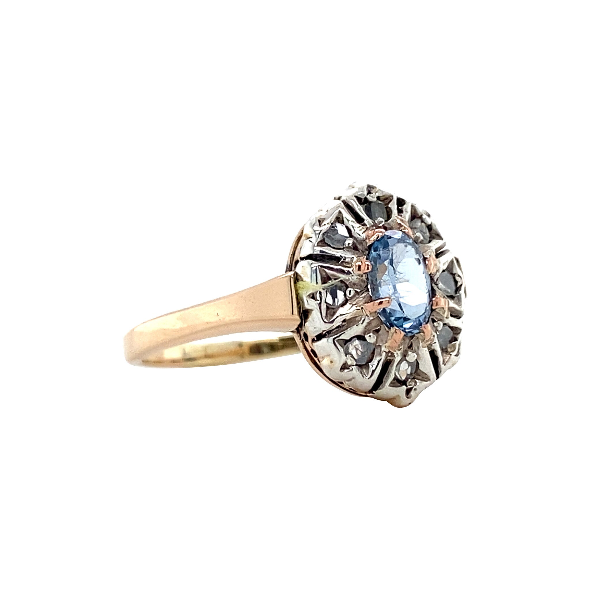 Rose-gold vintage entourage ring with spinel and rose diamond 14 kt/925