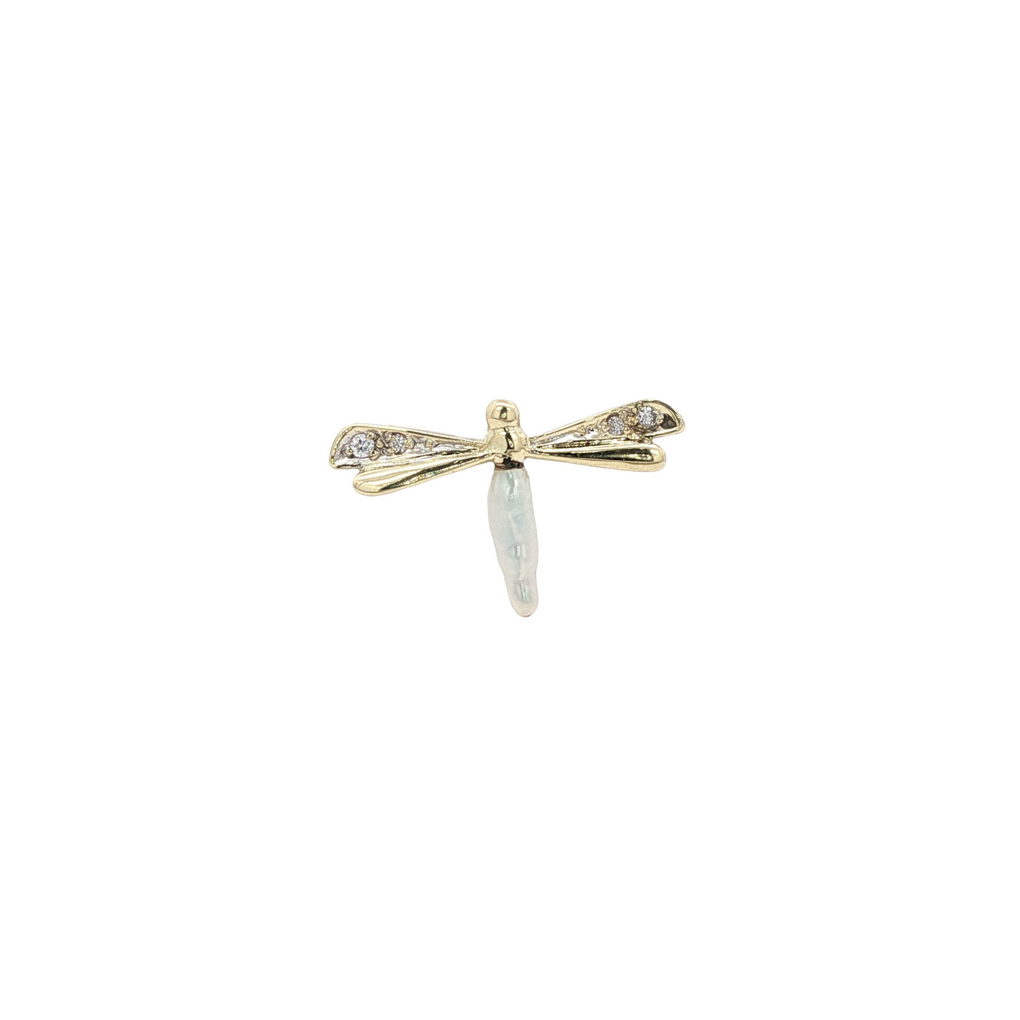 Gouden vintage libelle broche met parel en zirkonia 14 kt