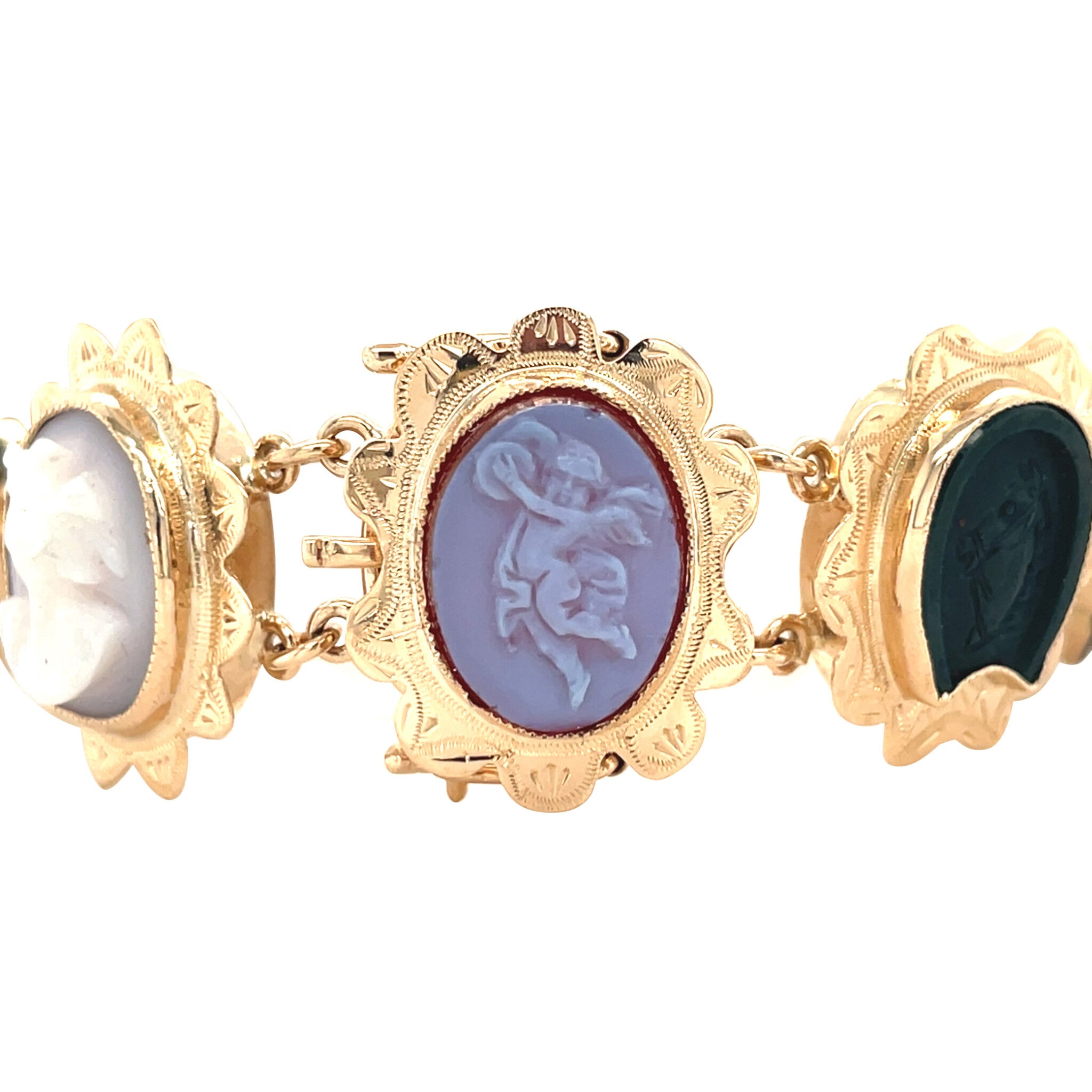 Gouden vintage armband met camee, onyx, bloedkoraal, agaat en labradoriet 14 kt