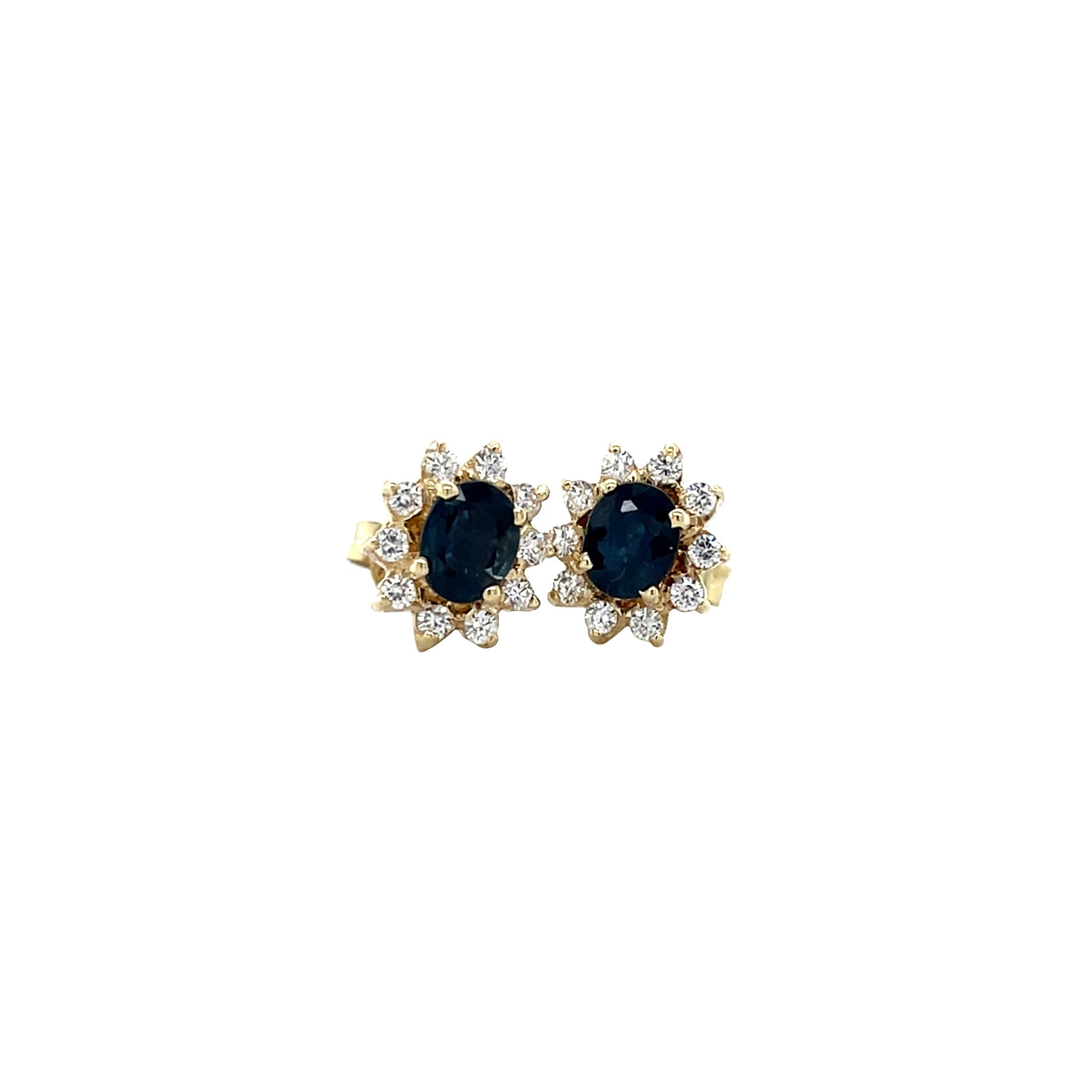 Vintage gold entourage stud earrings with sapphire and zirconia, 14 kt