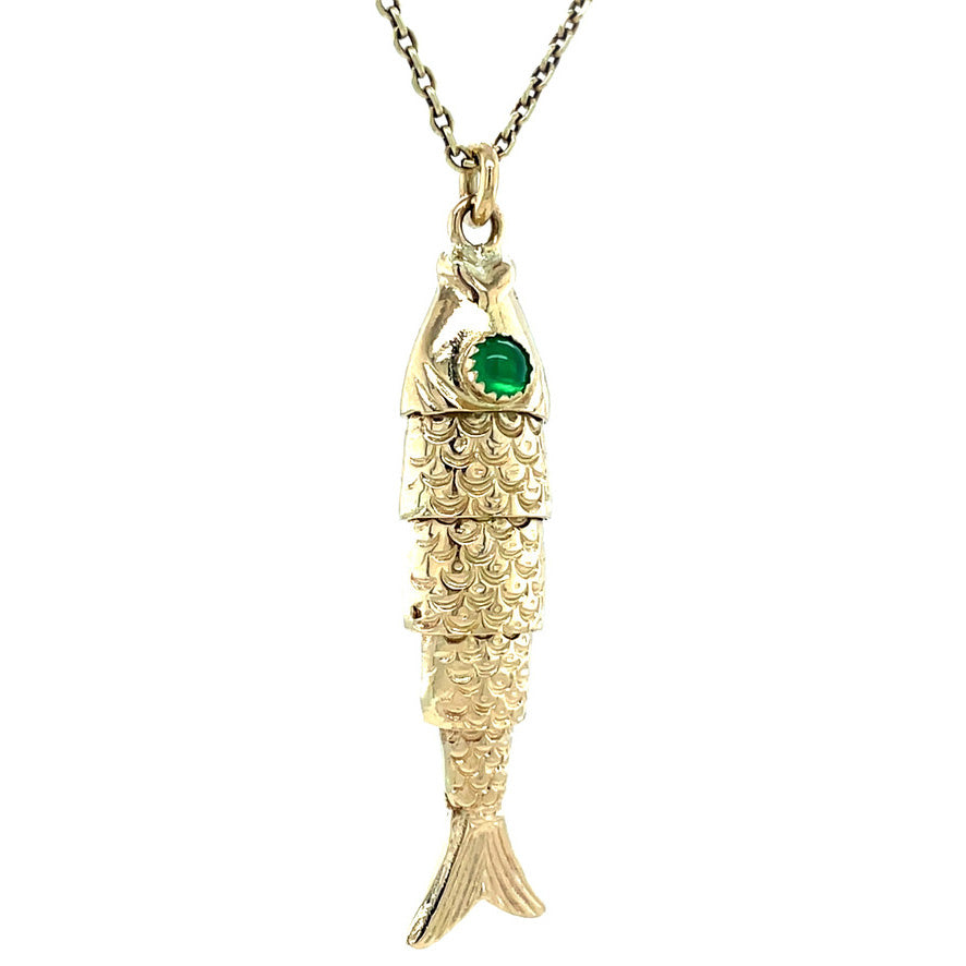 Gouden vintage vis hanger met kleursteen 14 kt
